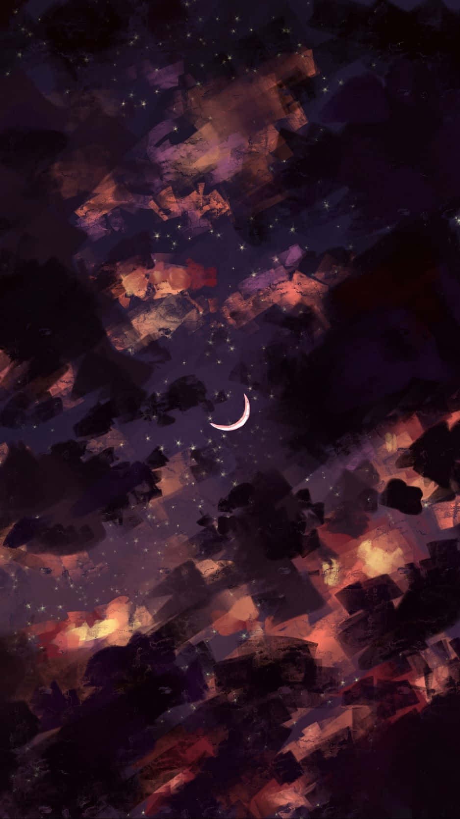 crescent moon, swirling cosmic clouds, purple orange and black, HD Phone Wallpaper