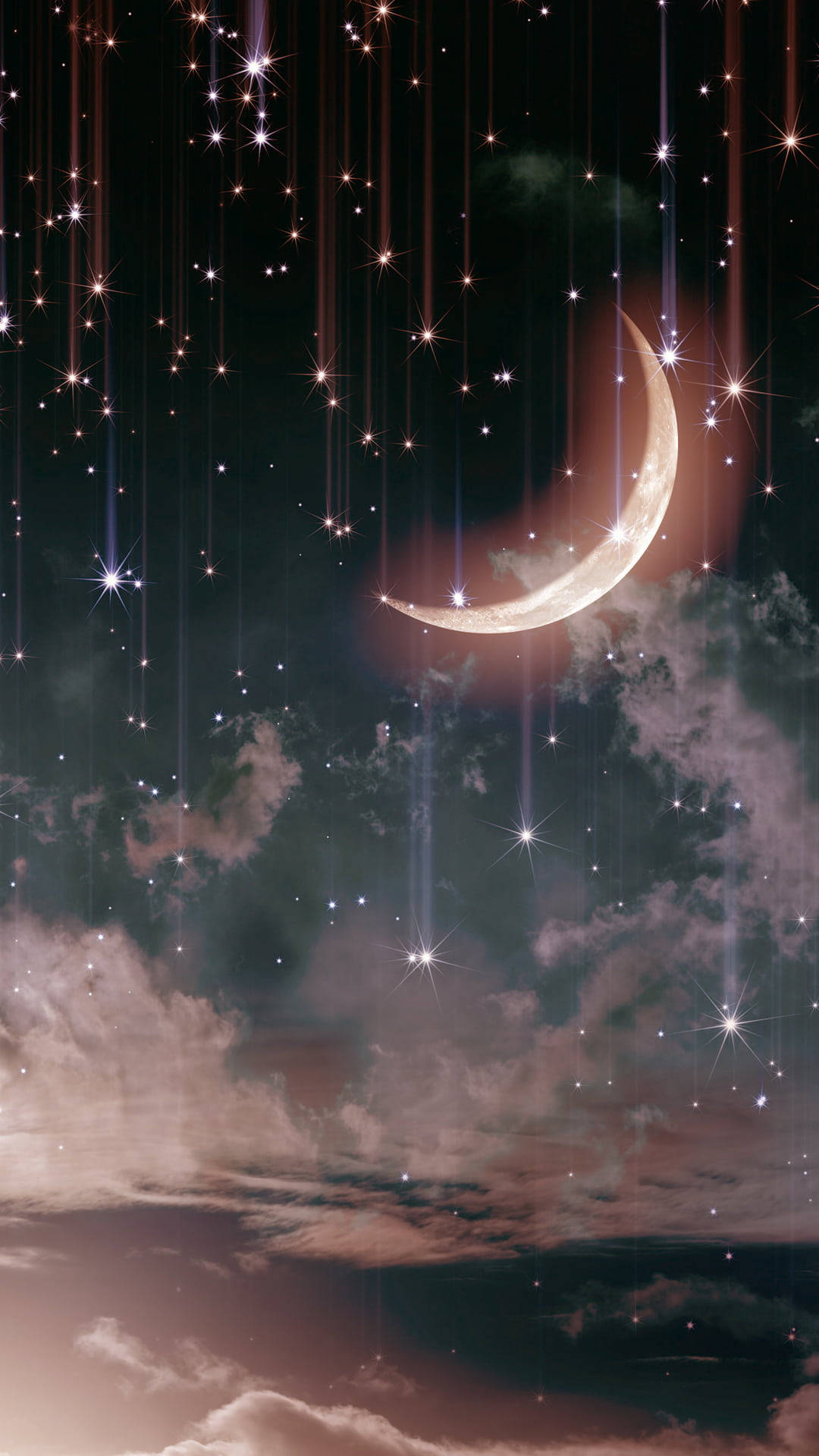Moon Phone, crescent moon, falling stars, Full HD Phone Wallpaper