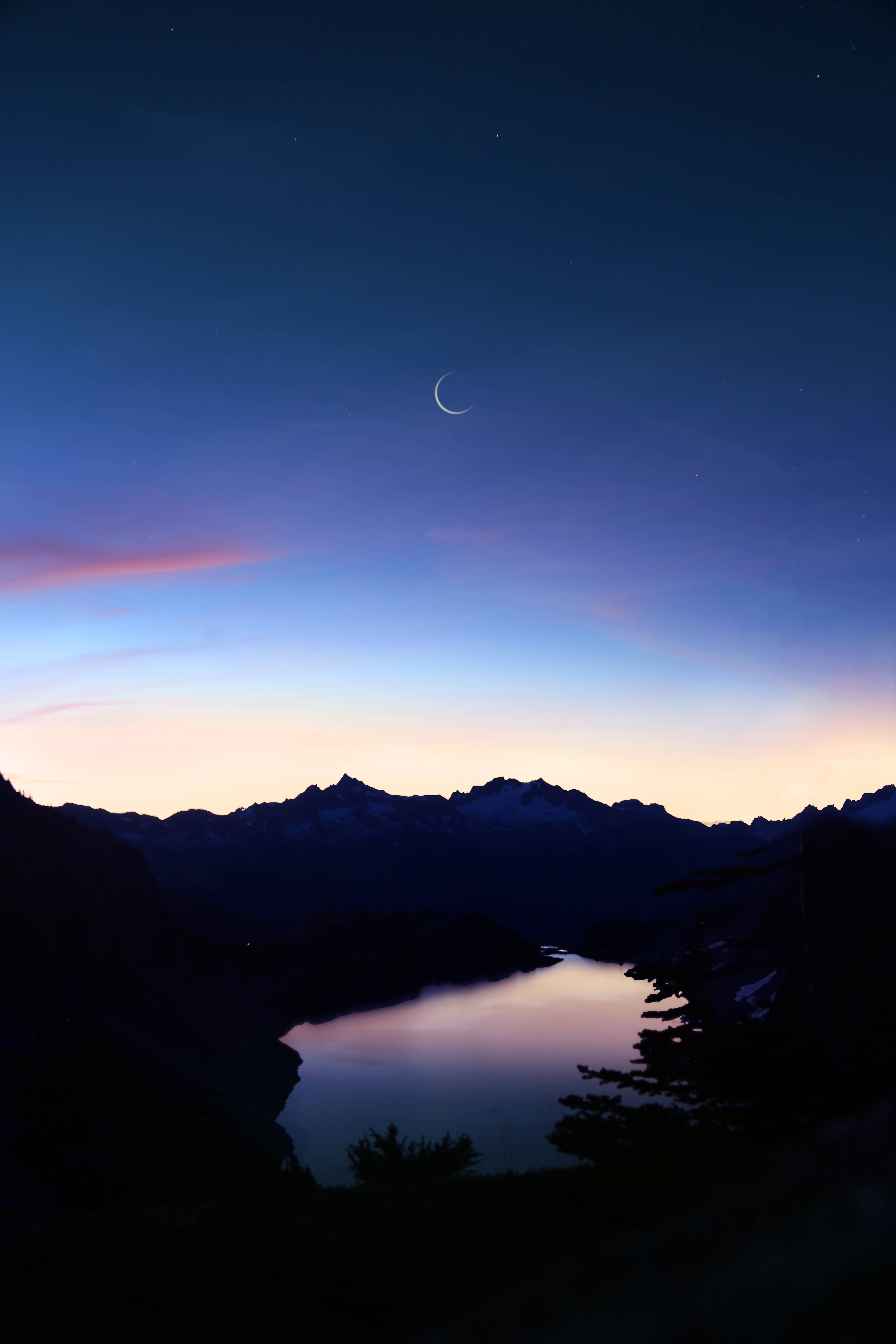 crescent moon, starry sky, snow-capped mountains, 5K Phone Wallpaper