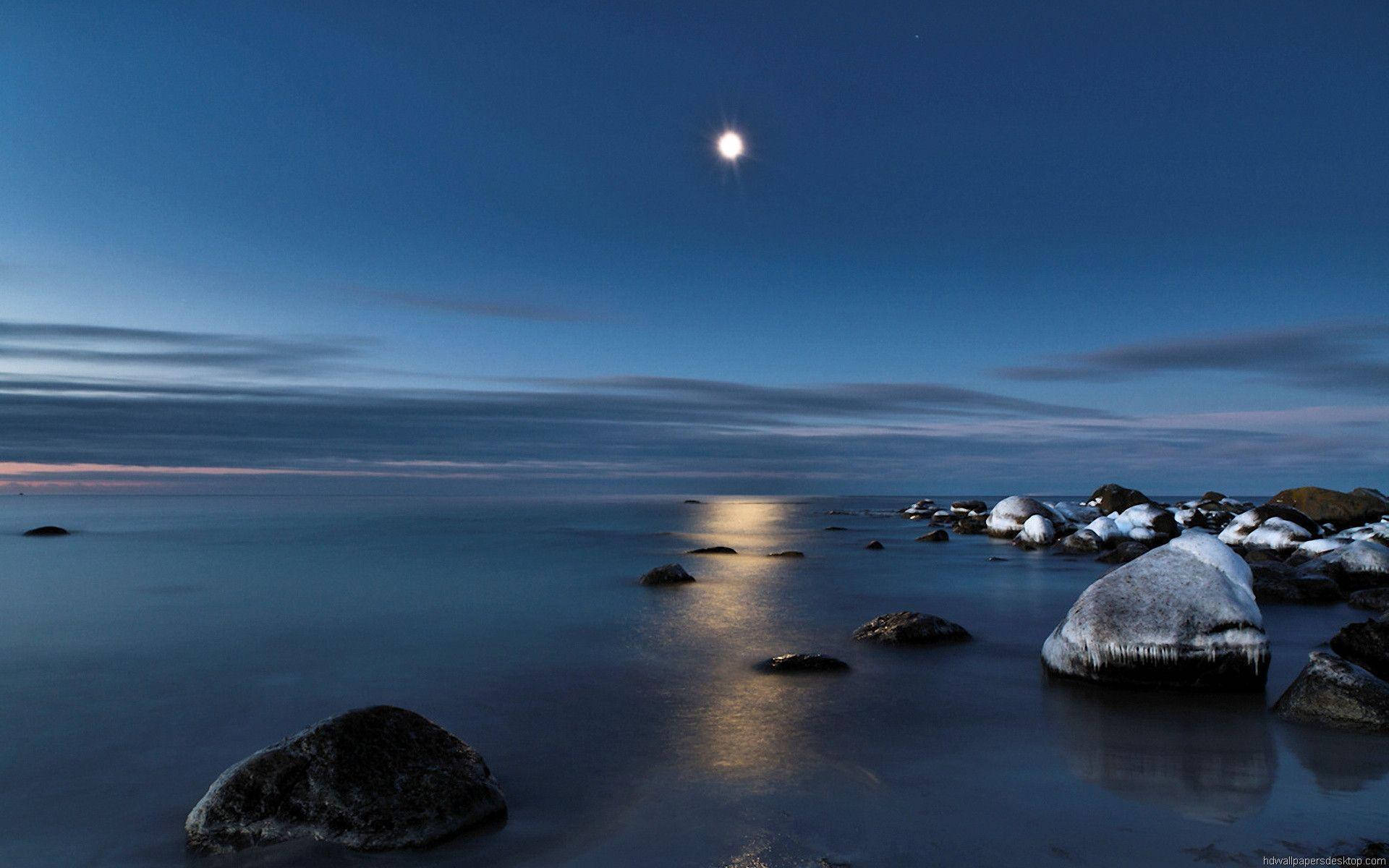 Moon, icy rocks, glassy water, Full HD Desktop Wallpaper
