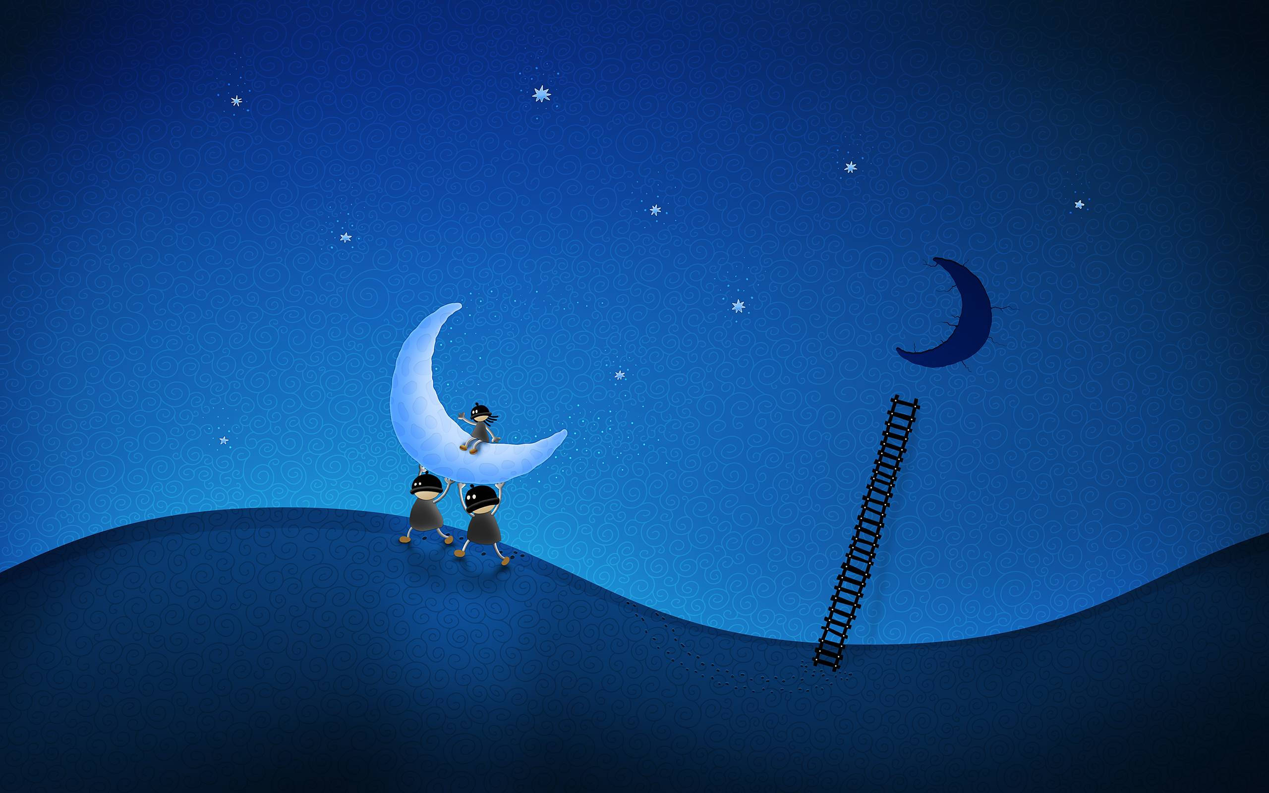 glowing crescent moon, starry night sky, ladder, 2K Desktop Wallpaper