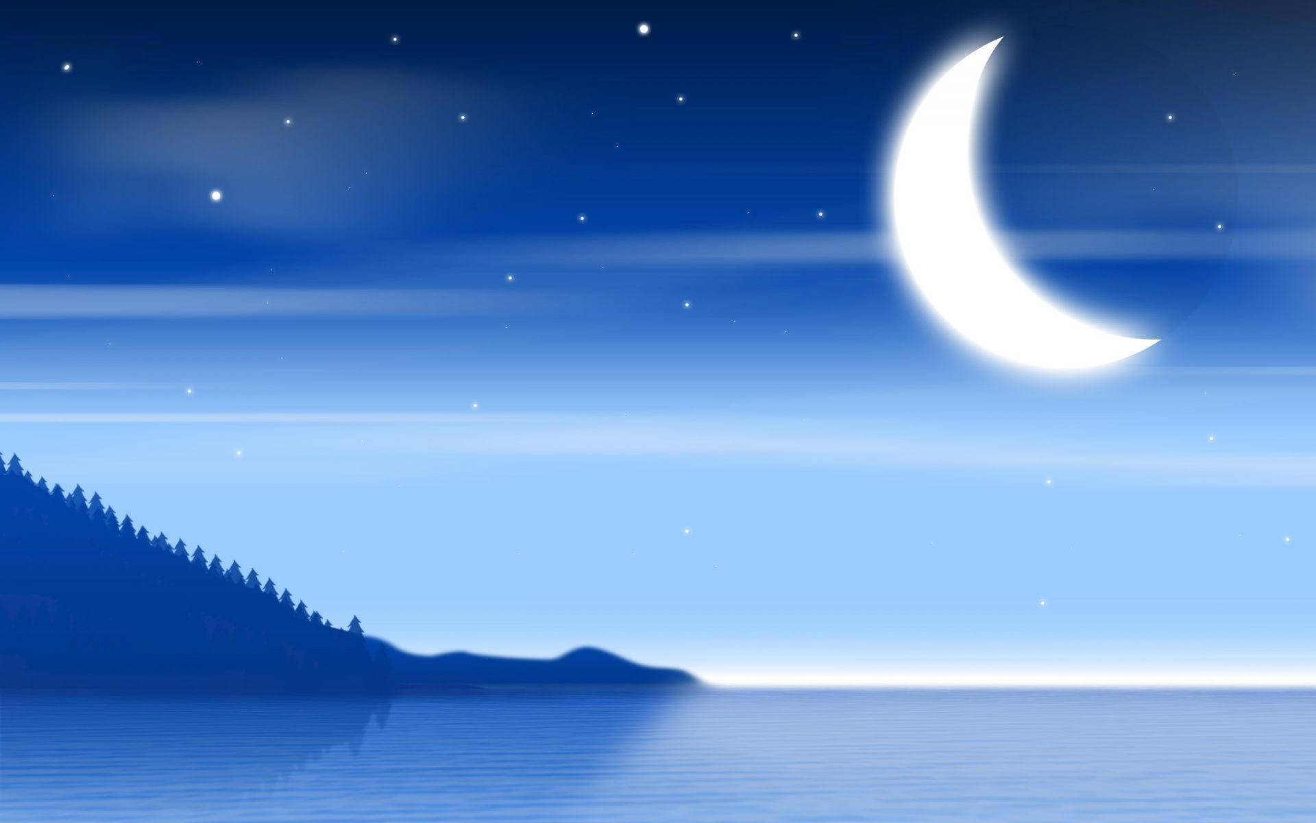 crescent moon, stars, calm blue sea, Full HD Desktop Wallpaper