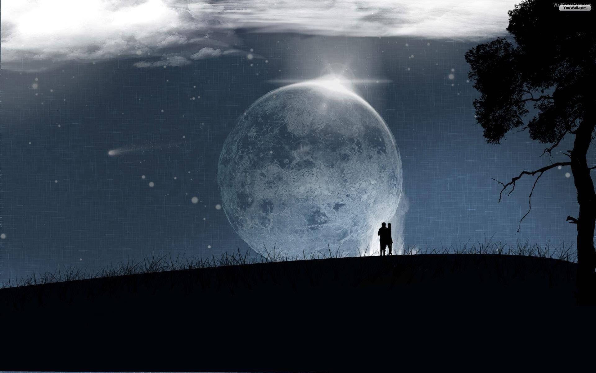 Moon, silhouetted couple, hill, Full HD Desktop Wallpaper