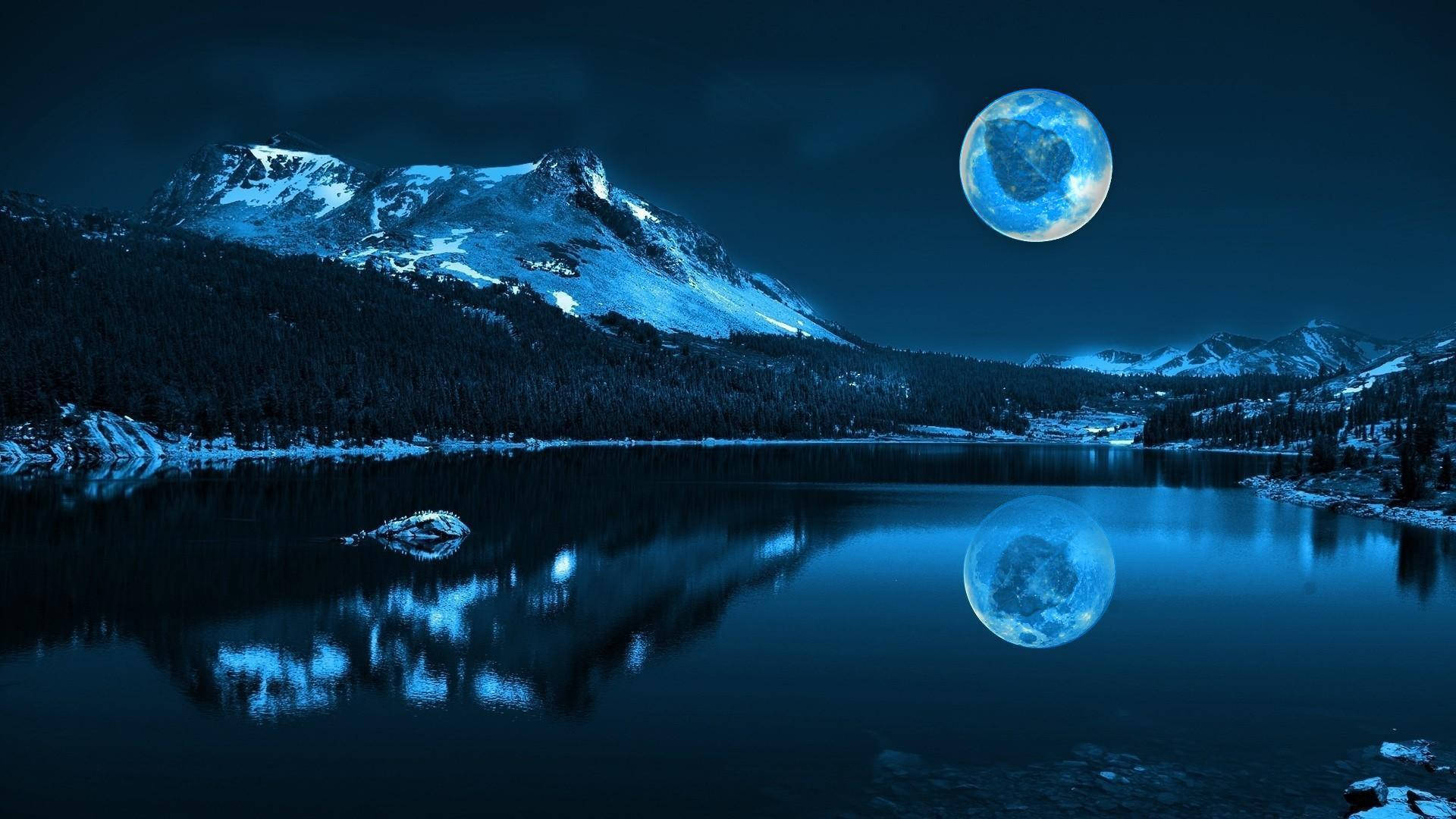 massive glowing blue moon, winter lake, snow-capped mountains, Full HD Desktop Wallpaper
