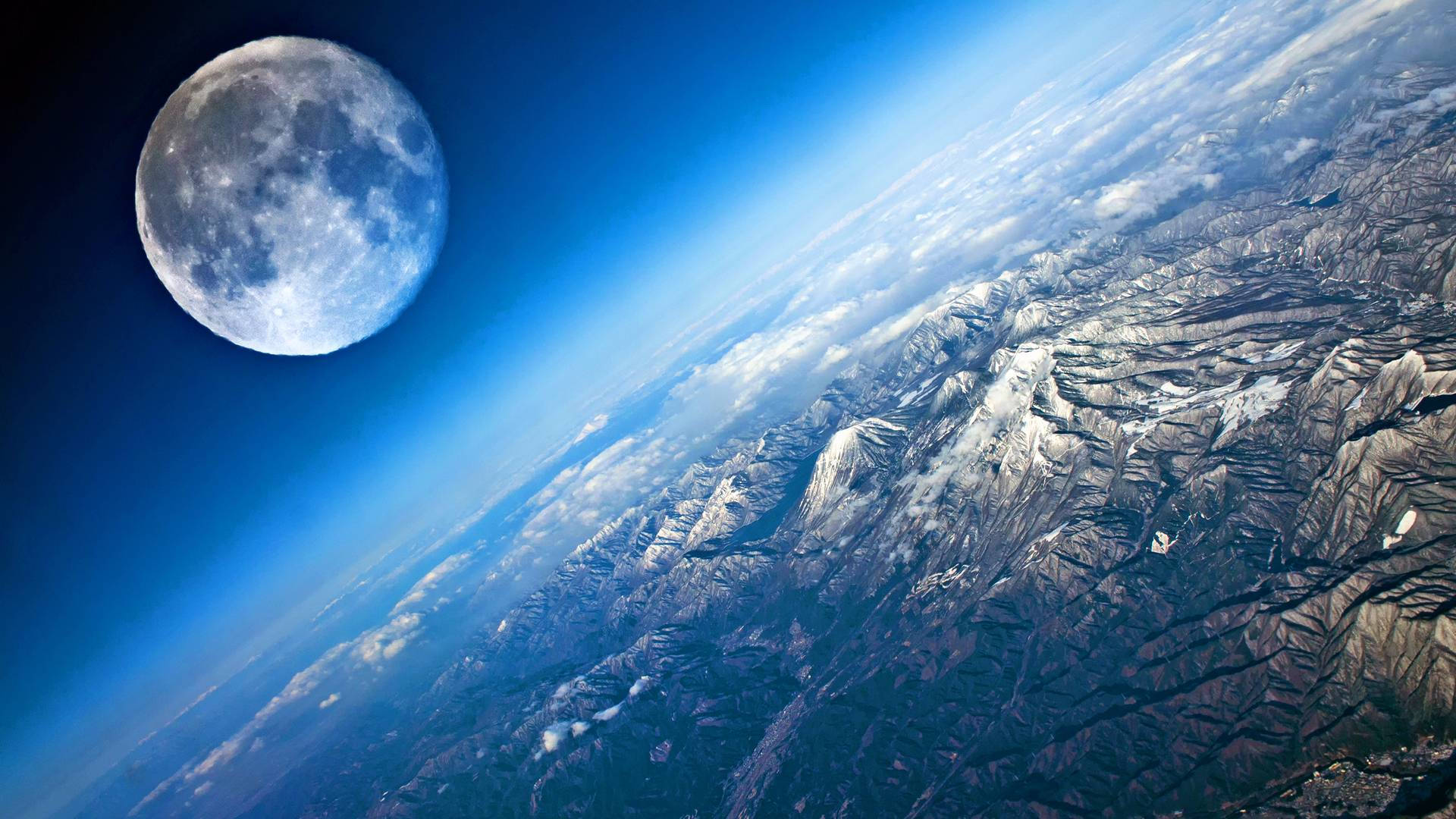 Moon, Earth, snowy mountain ranges, Full HD Desktop Wallpaper