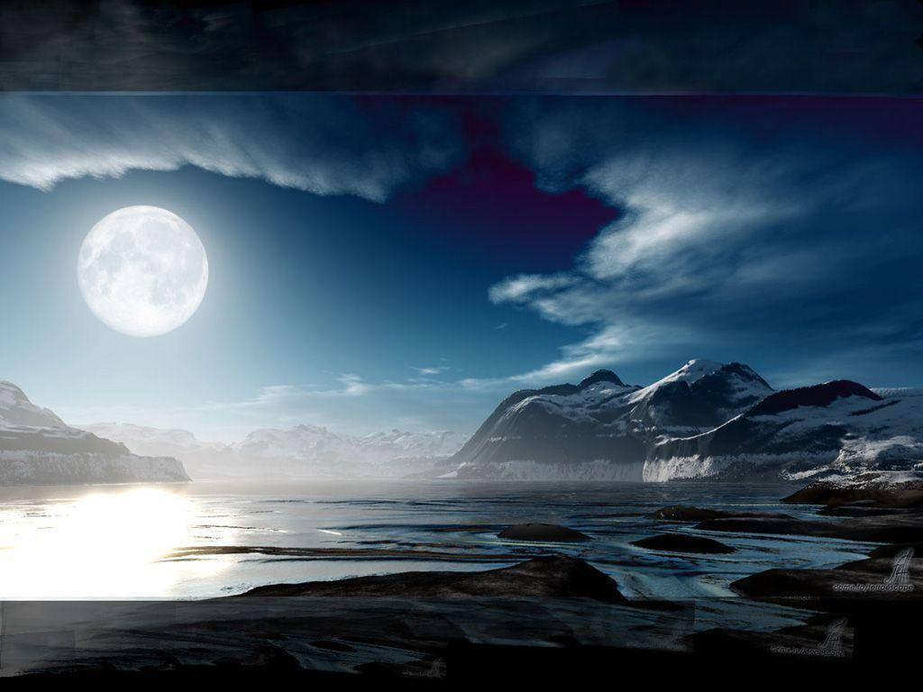 full moon, misty lake, snow-capped mountains, SD Desktop Wallpaper