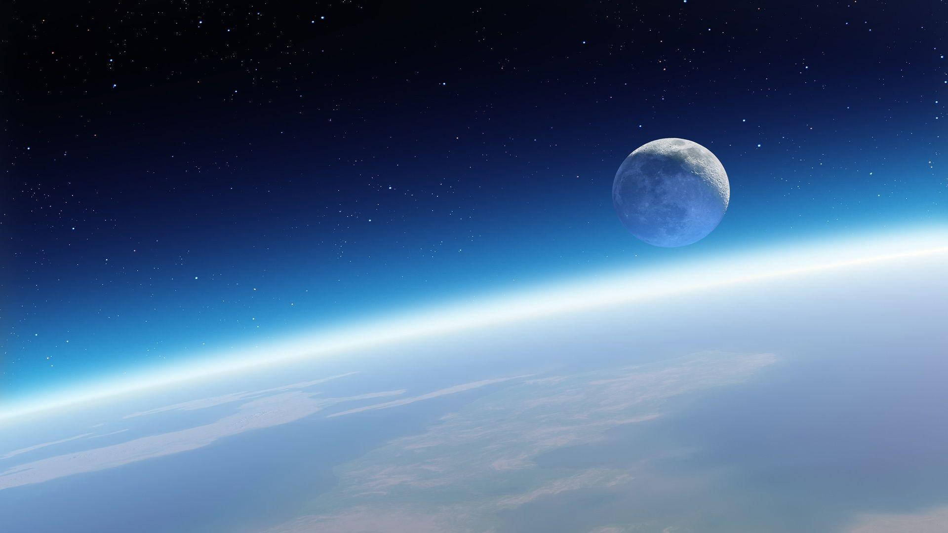 Moon, Earth's curved horizon, glowing blue atmosphere, Full HD Desktop Wallpaper