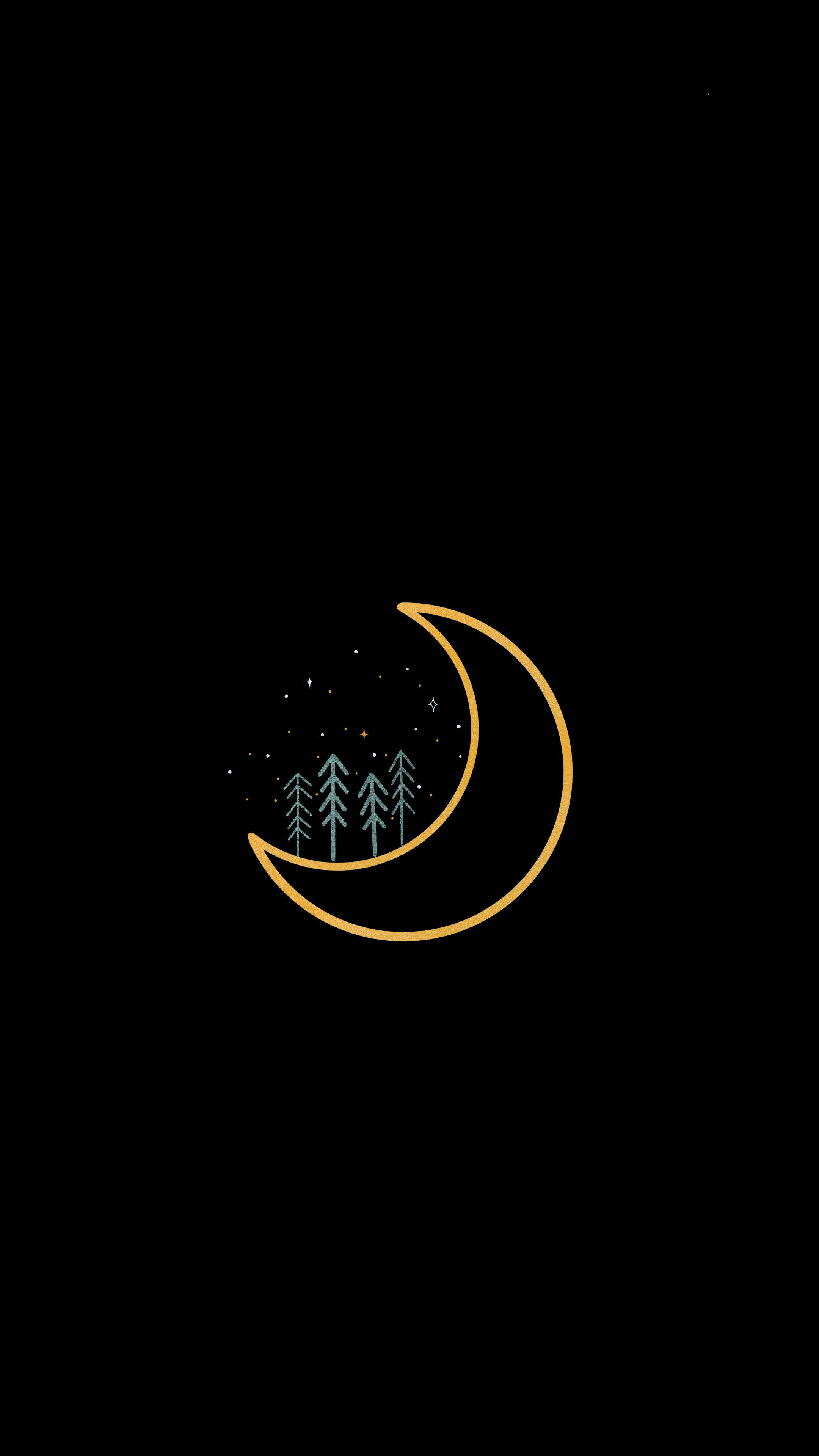 Moon, golden crescent moon, pine trees, 4K Phone Wallpaper