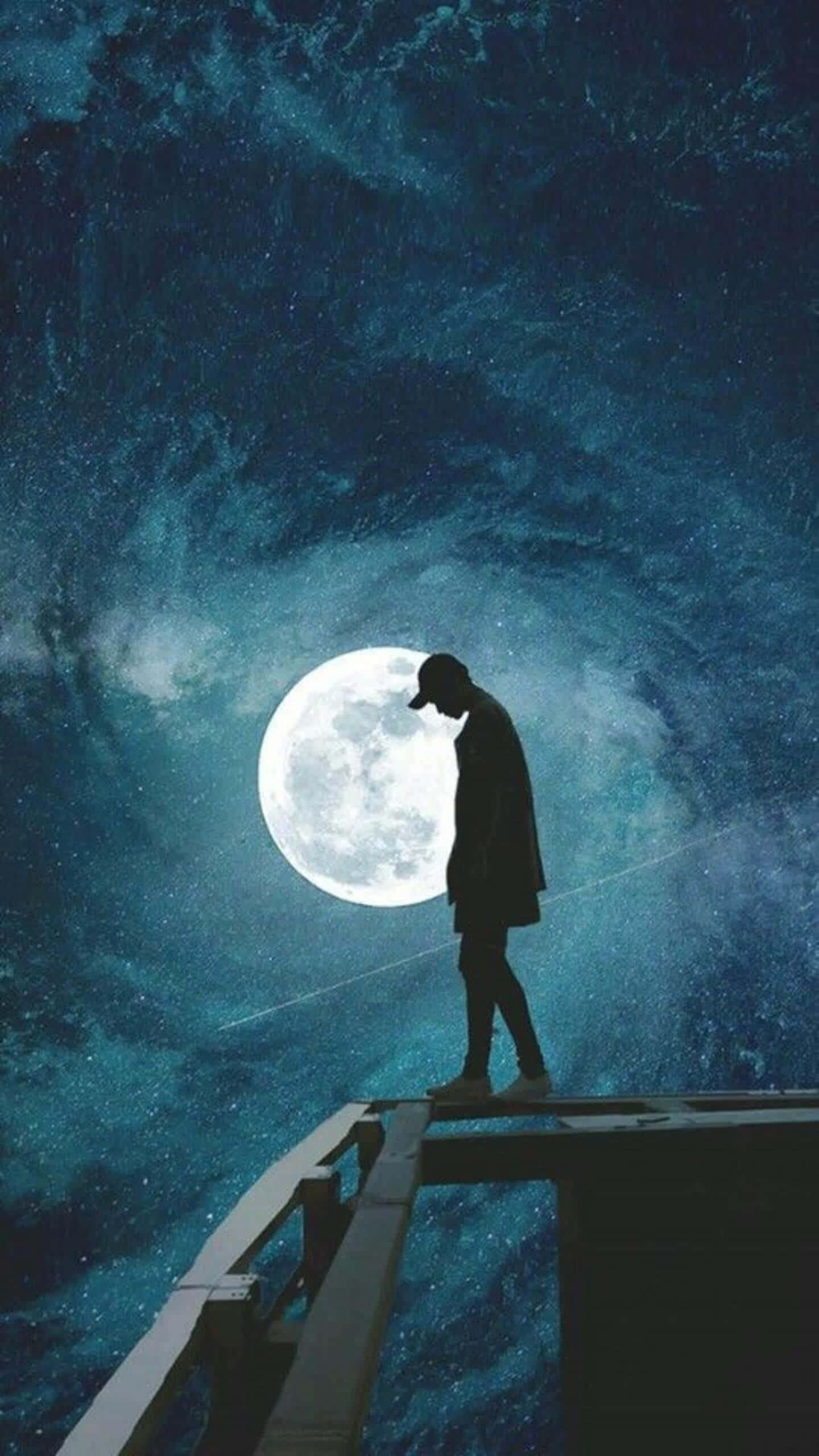 full moon, wooden pier, swirling cosmic blue night sky, 2K Phone Wallpaper