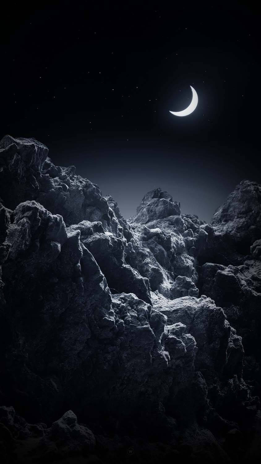 crescent moon, jagged dark mountains, starry night sky, HD Phone Wallpaper