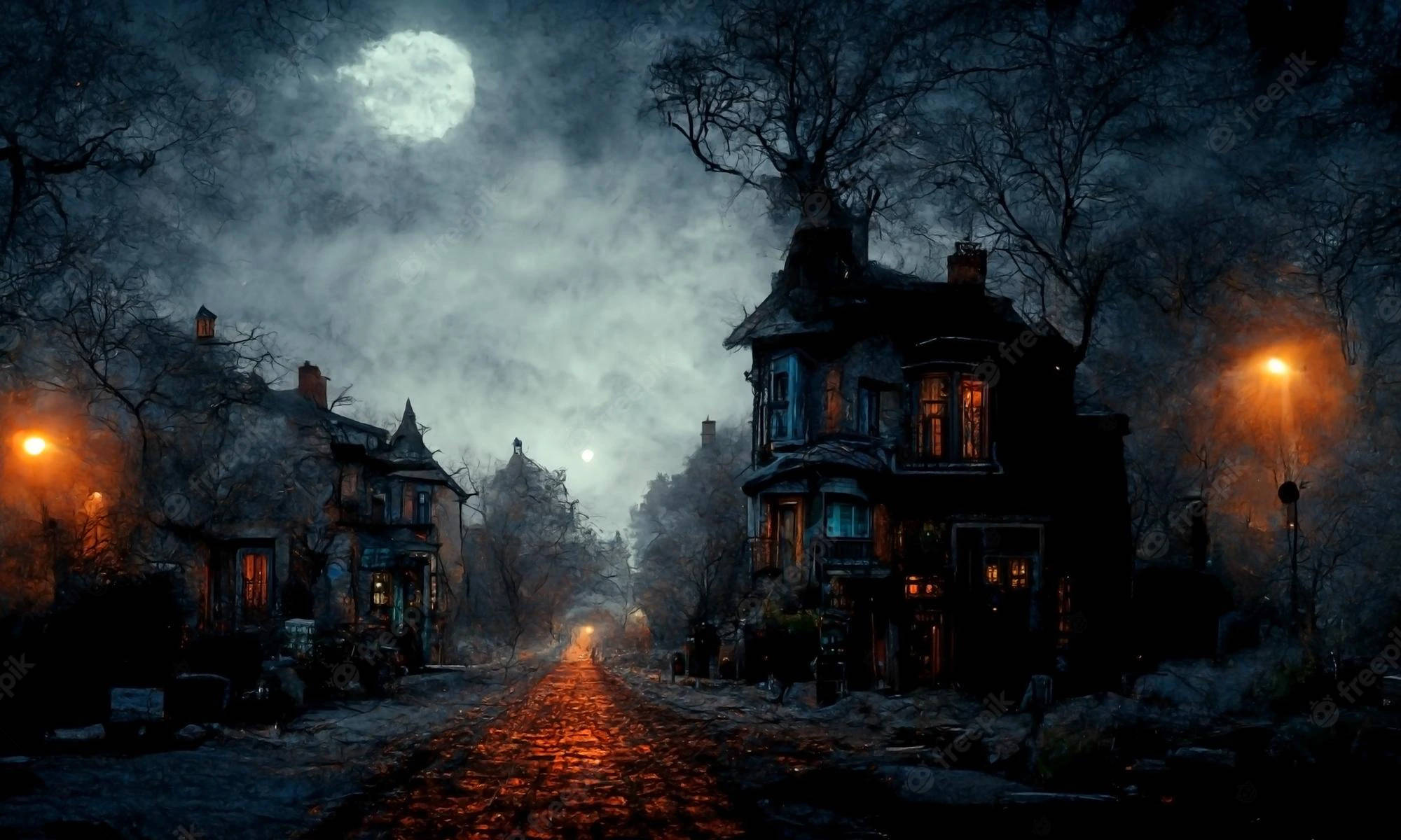 moonlit, cobblestone street, eerie Victorian houses, Full HD Desktop Wallpaper