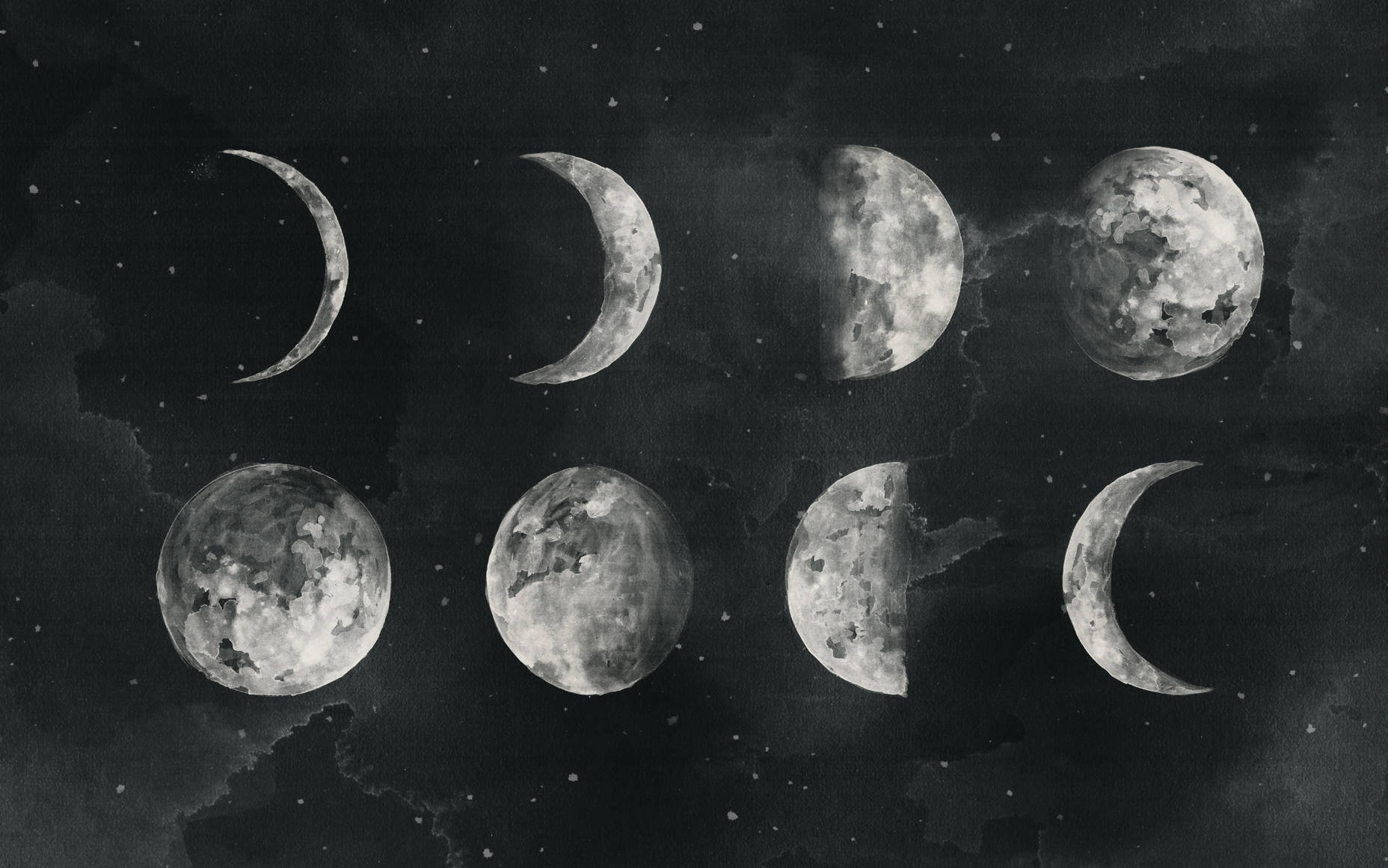 eight moon phases, smoky galaxy backdrop, monochrome watercolor, HD Desktop Wallpaper