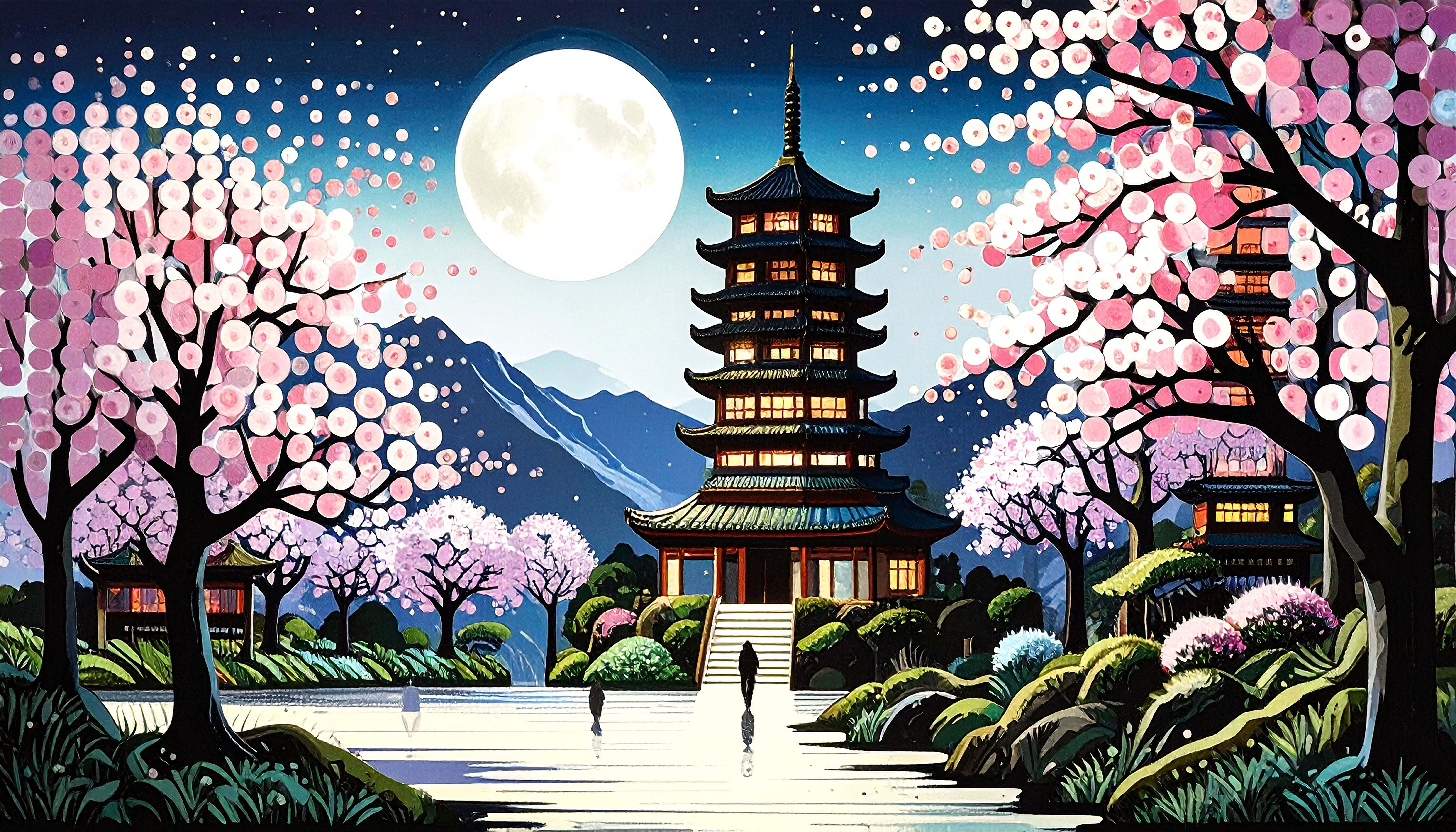 glowing pagoda, full moon, pink cherry blossoms, 8K Desktop Wallpaper