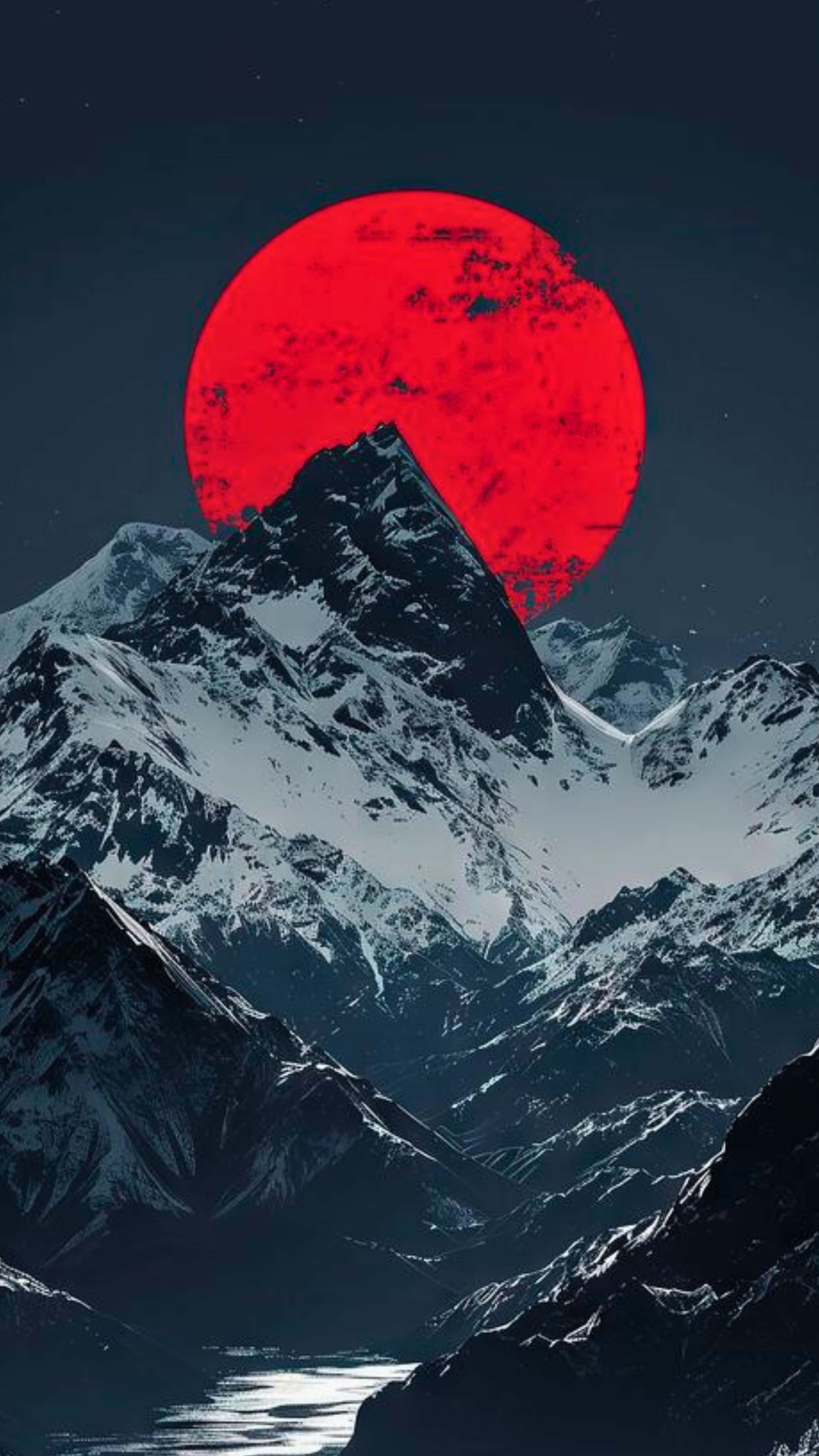 red moon, snowcapped mountain peak, starry night sky, 4K Phone Wallpaper