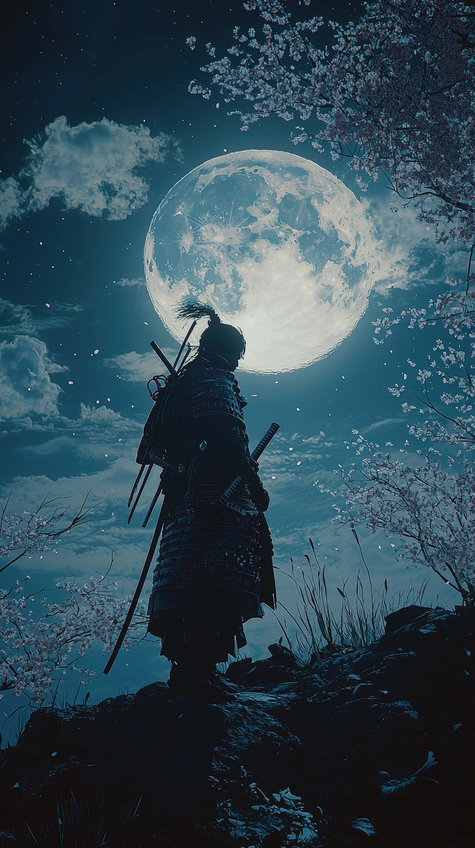 samurai warrior, full moon, cherry blossoms, 2K Phone Wallpaper