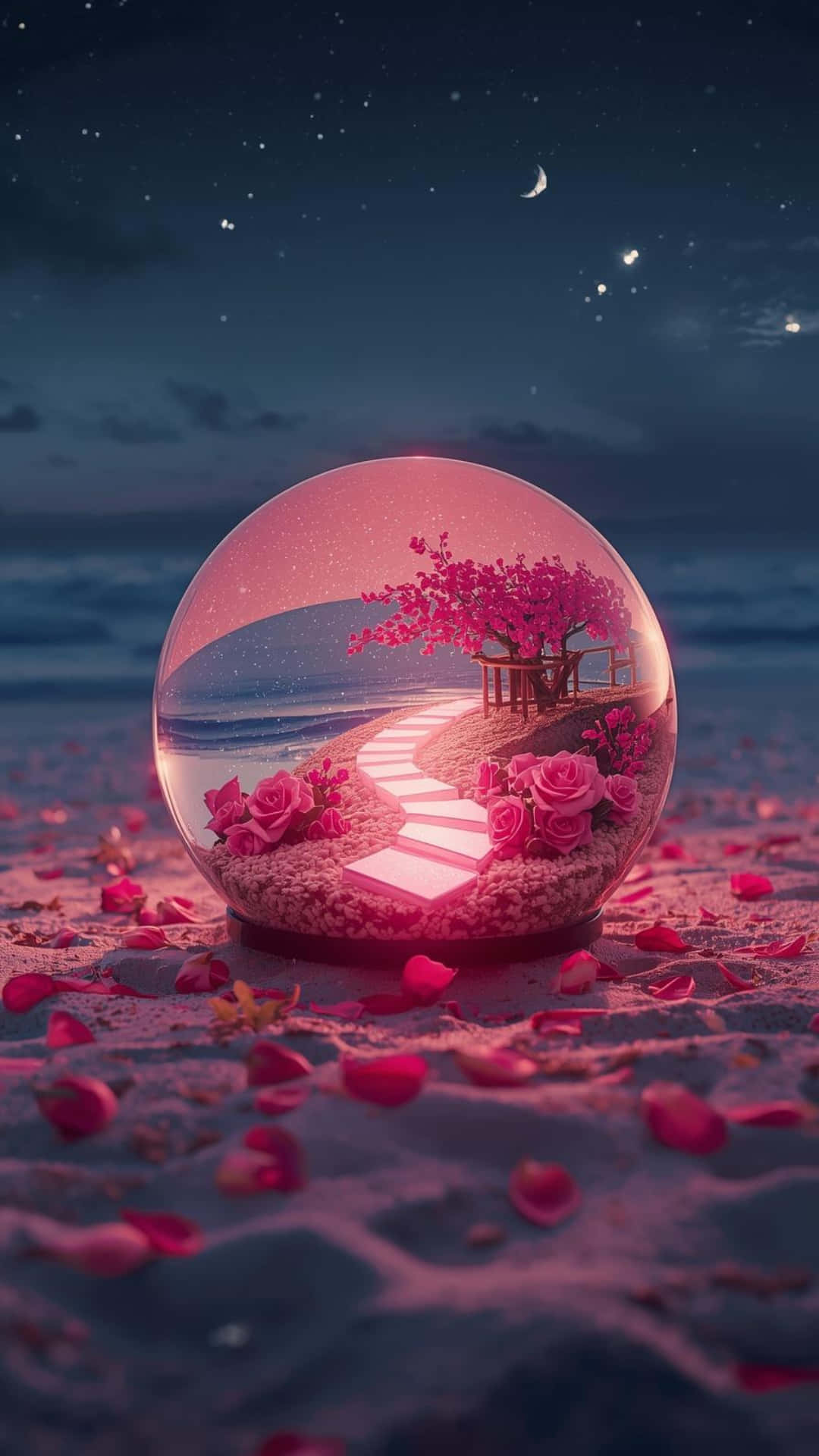 transparent sphere, sandy beach, pink roses, Full HD Phone Wallpaper