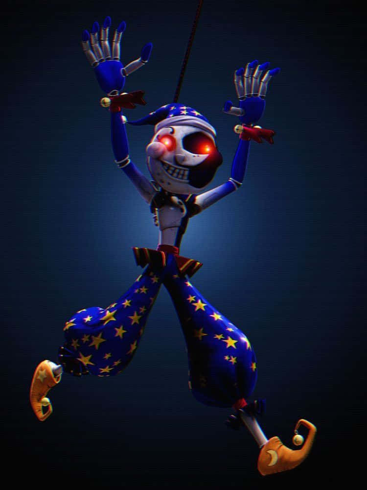Moondrop, blue-jester puppet, glowing red eyes, SD Phone Wallpaper