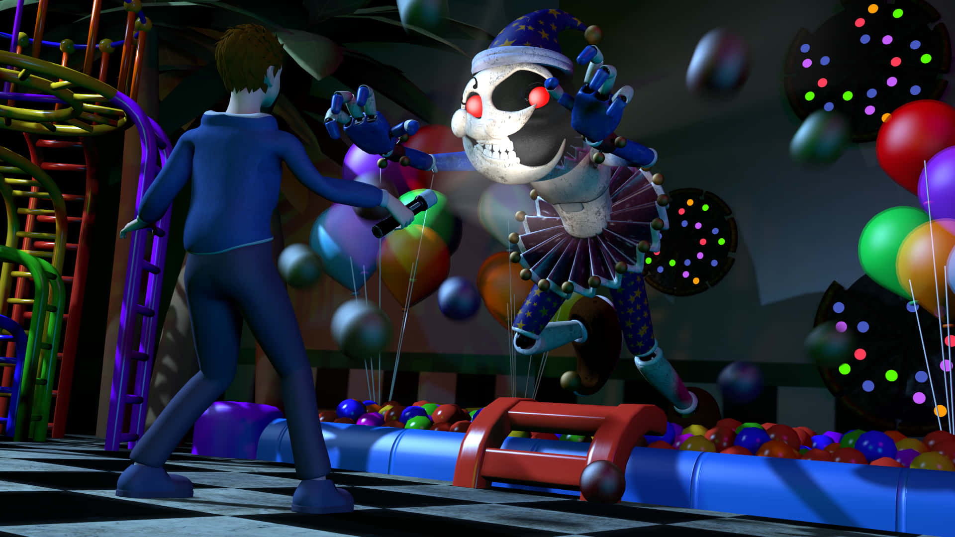 Moondrop, child in blue pajamas, skeletal clown, Full HD Desktop Wallpaper