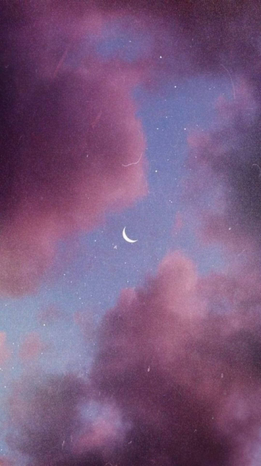 crescent moon, purple clouds, starry twilight sky, Full HD Phone Wallpaper