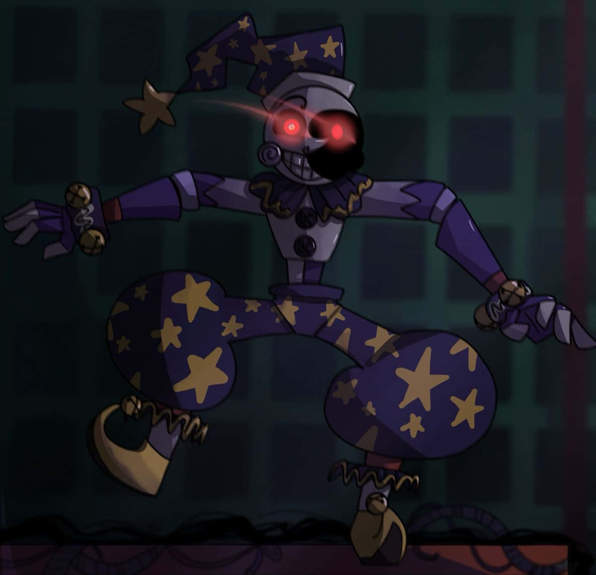 moondrop, purple jester robot, glowing red eyes, SD Desktop Wallpaper