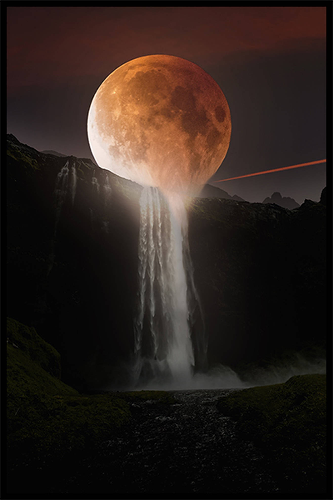 Red Moonfall, orange moon, cascading waterfall, Full HD Phone Wallpaper