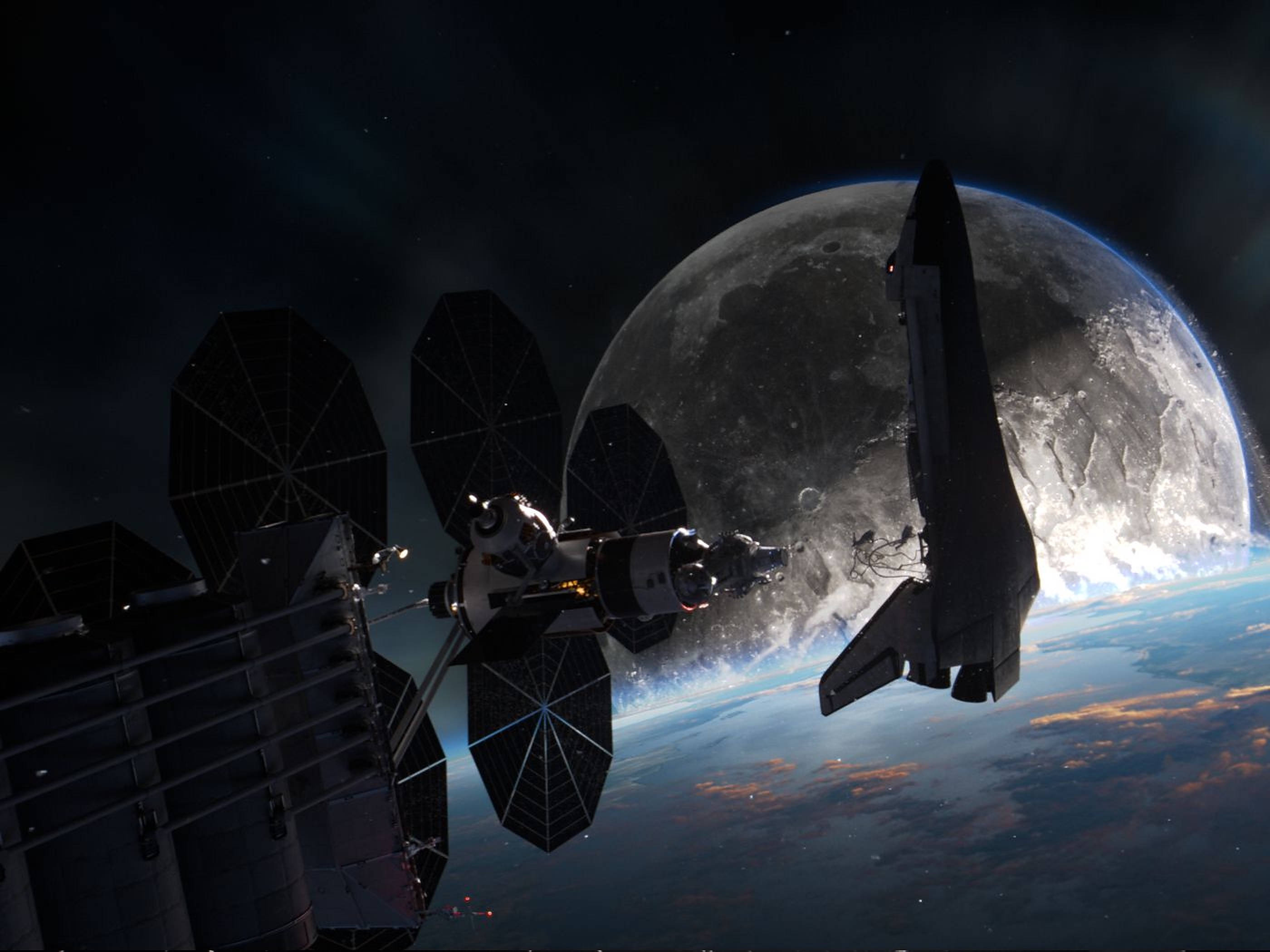 Moonfall, space shuttle, satellite, 2K Desktop Wallpaper