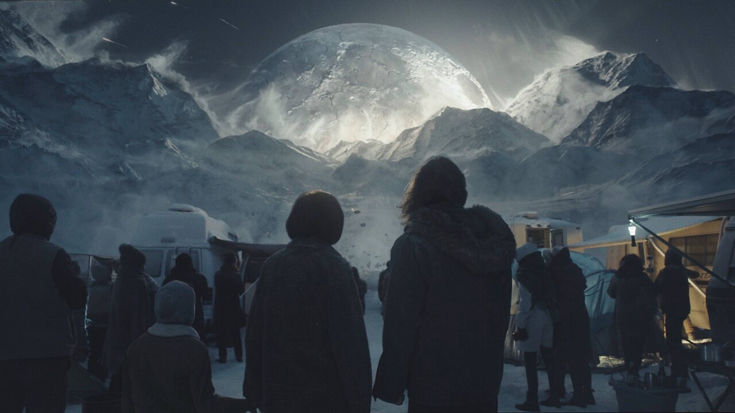 Moonfall, icy mountain, glowing planet, 2K Desktop Wallpaper