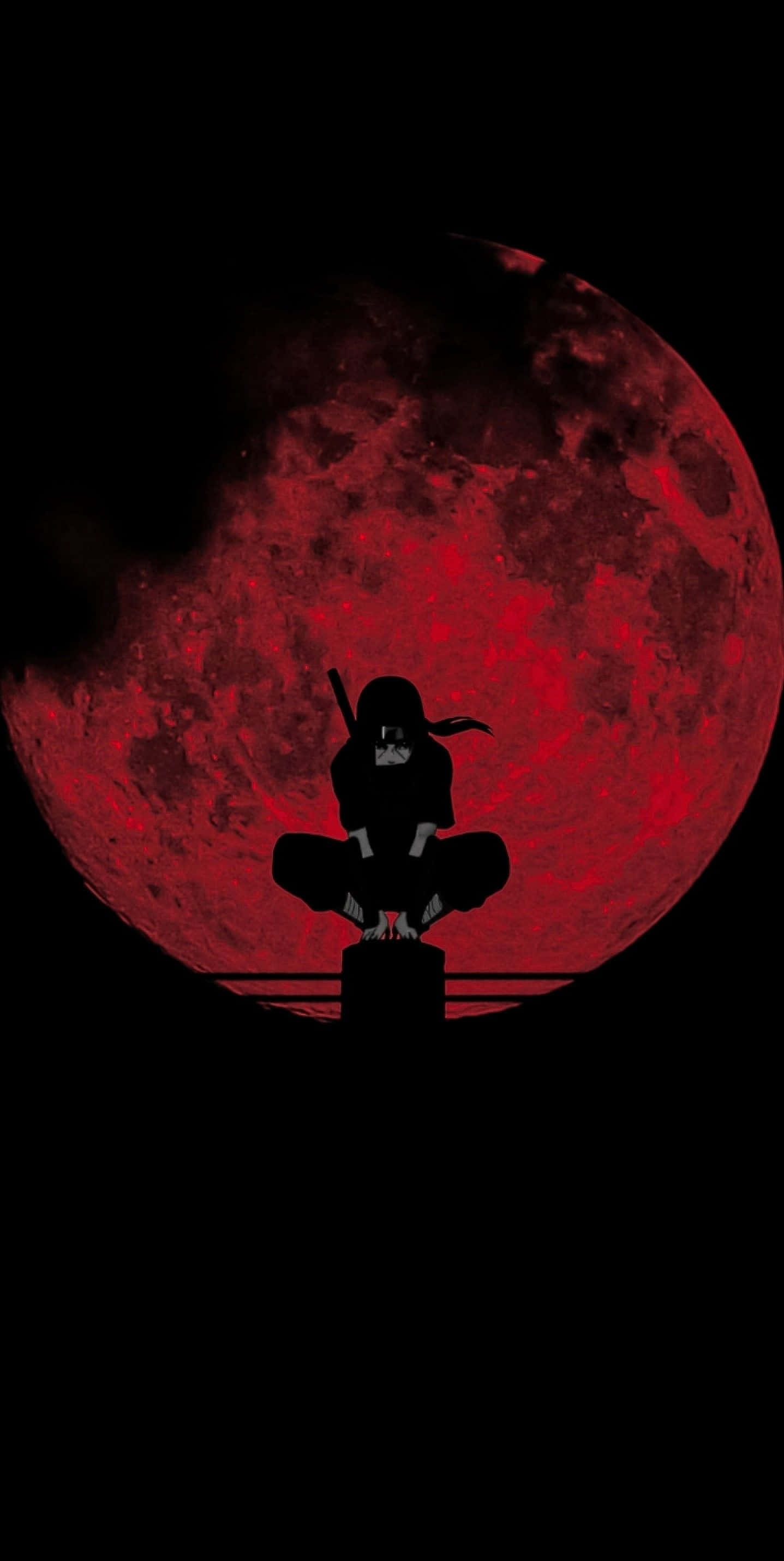 red moon, ninja silhouette, rooftop, 2K Phone Wallpaper