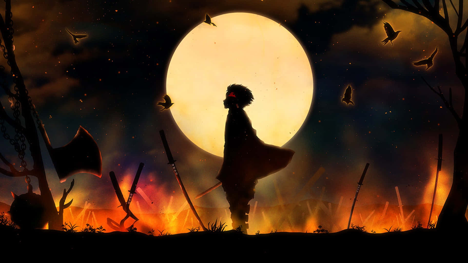 Moonfall, lone warrior, massive glowing moon, Full HD Desktop Wallpaper