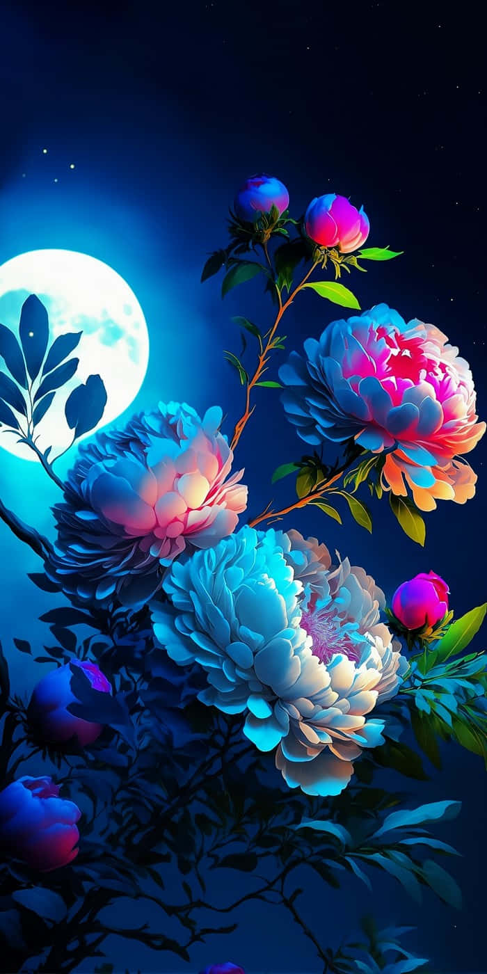 neon peonies, glowing full moon, starry night sky, HD Phone Wallpaper