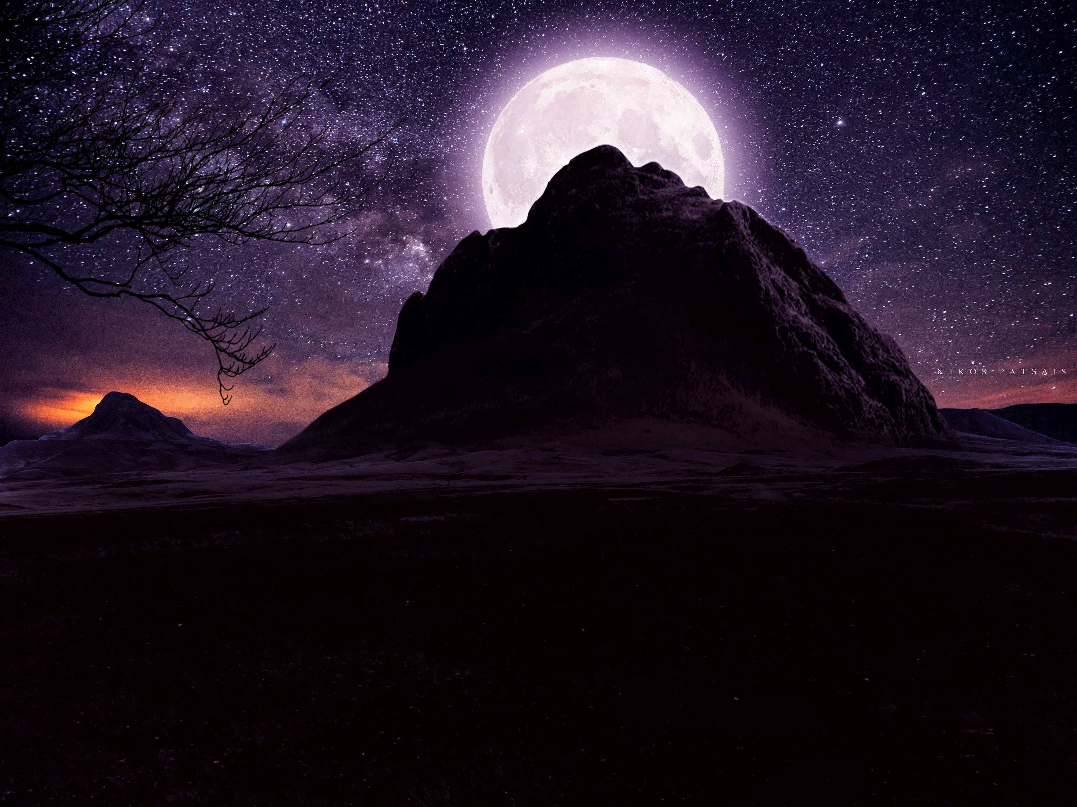 Moonlight 4K, full moon, starry purple night sky, 2K Desktop Wallpaper