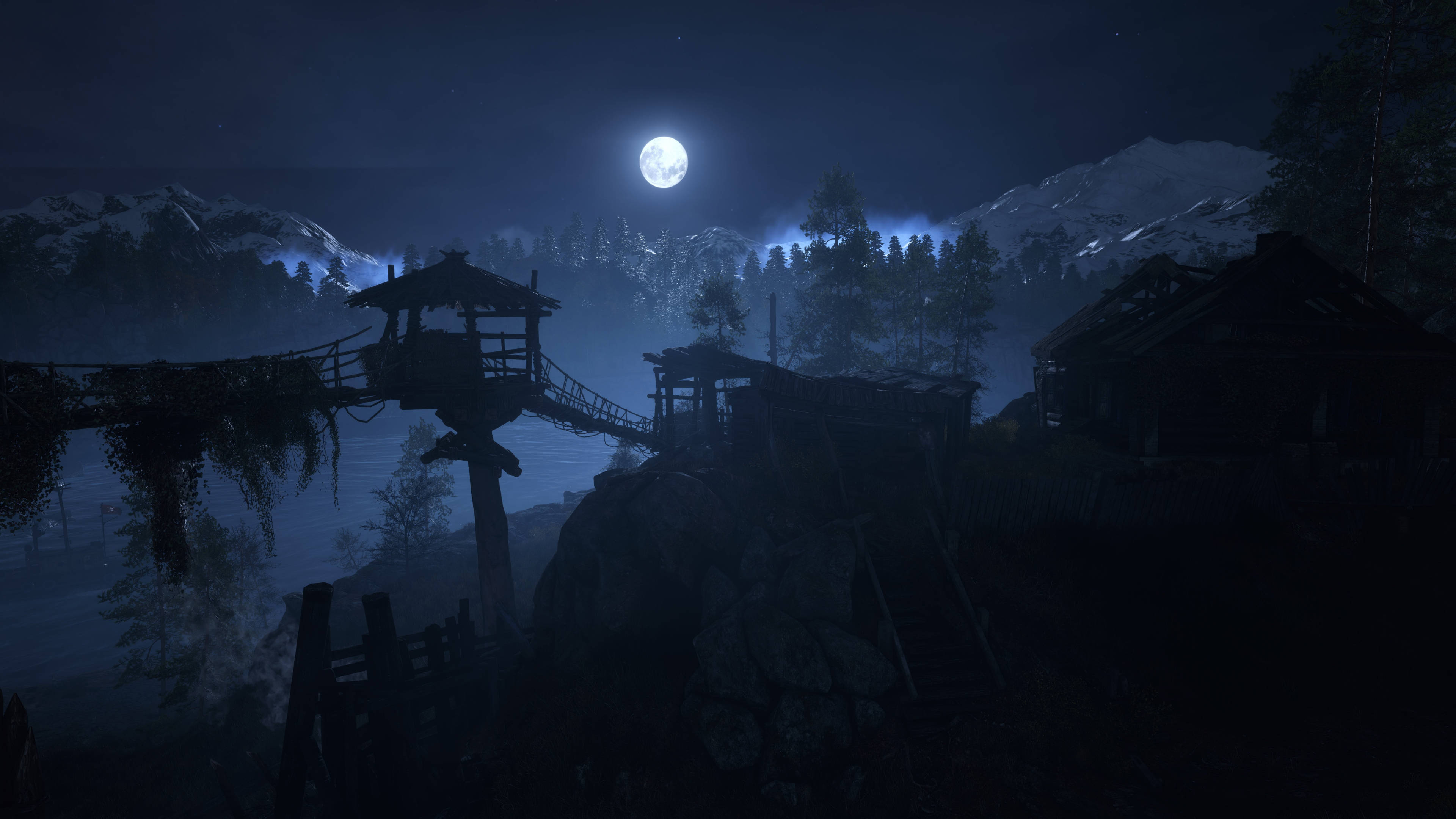 moonlit mountain village, wooden structures, misty water, 4K Desktop Wallpaper