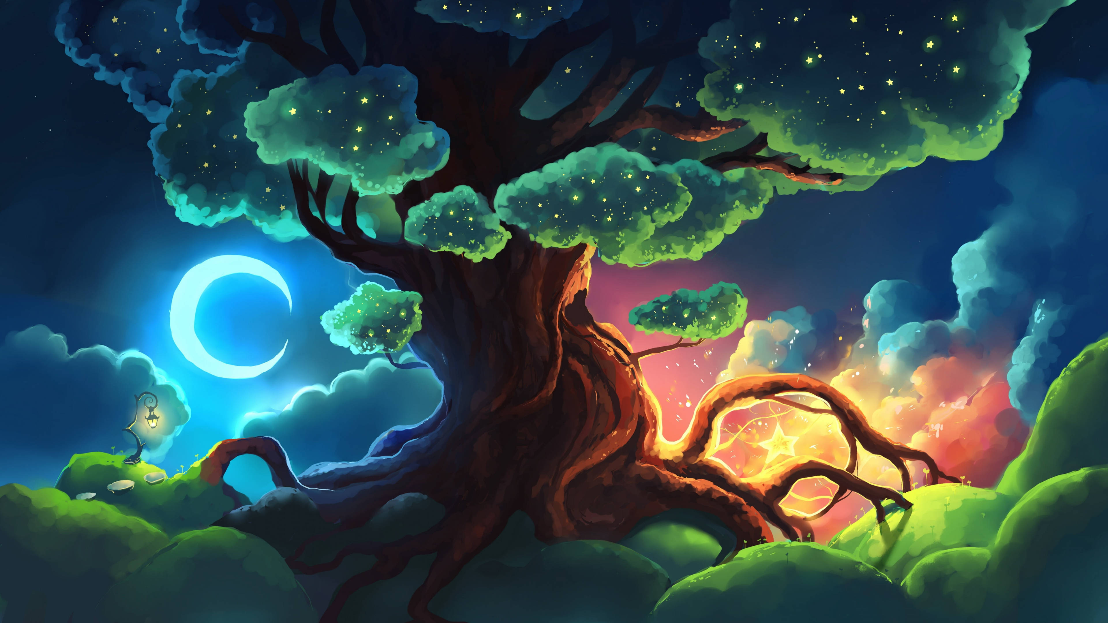 Moonlight 4K, glowing tree, crescent moon, 4K Desktop Wallpaper
