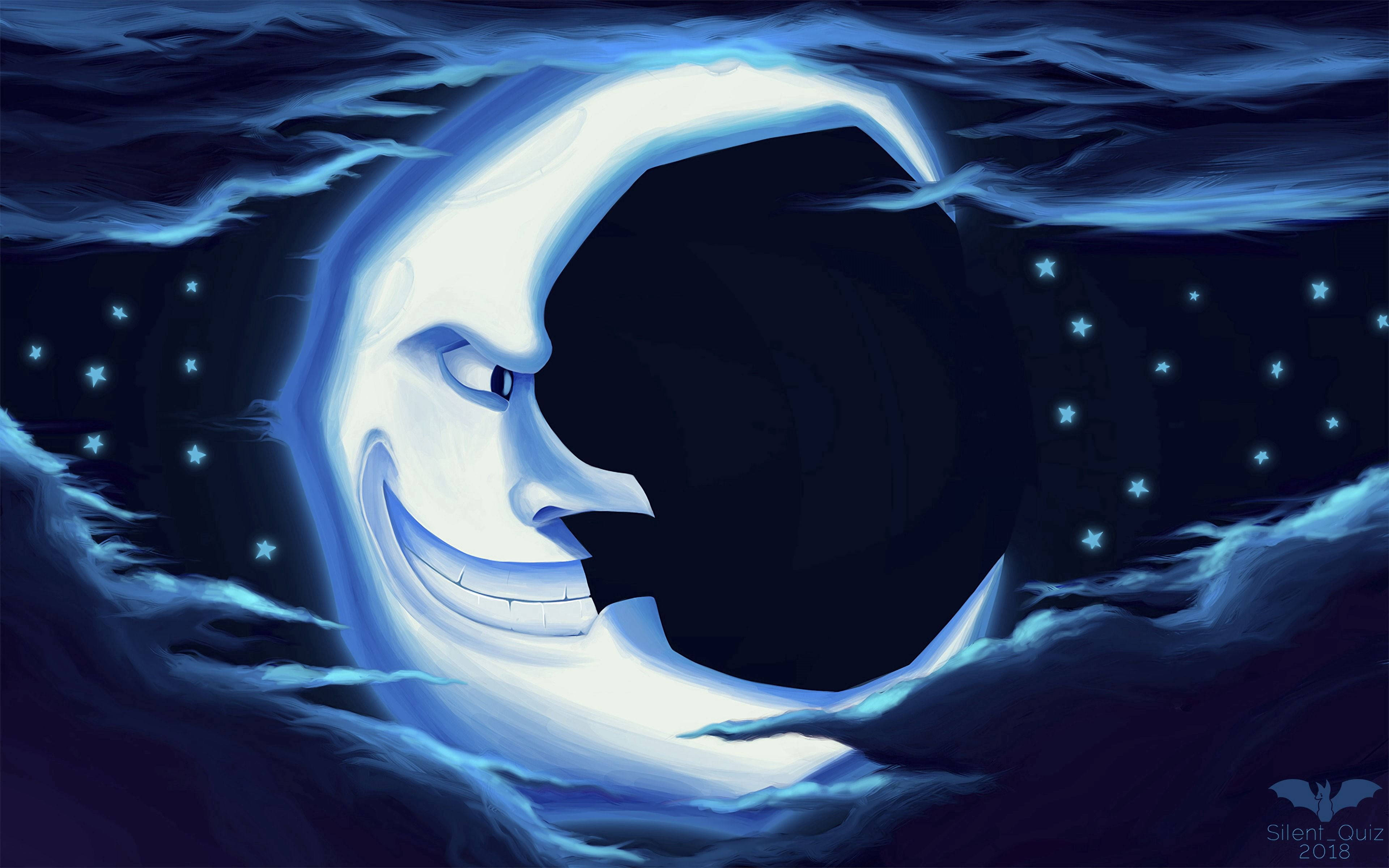 animated moonlight 4k, glowing crescent moon, swirling dark clouds, 4K Desktop Wallpaper