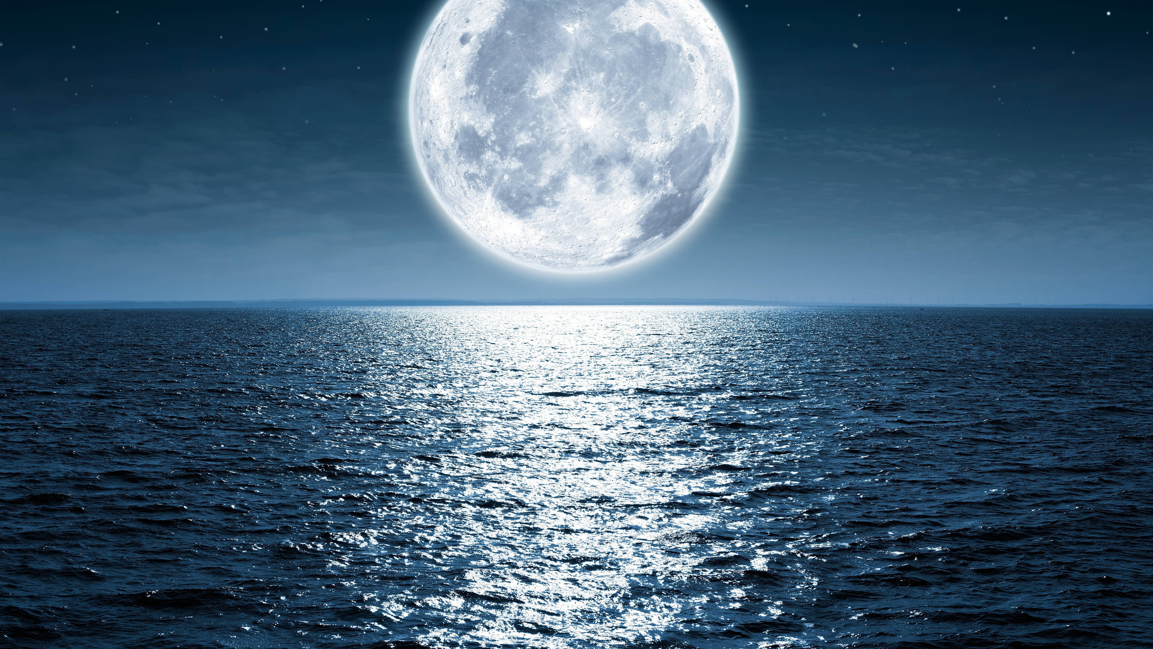 Sea Under Moonlight 4K, luminous moon, dark ocean, 4K Desktop Wallpaper