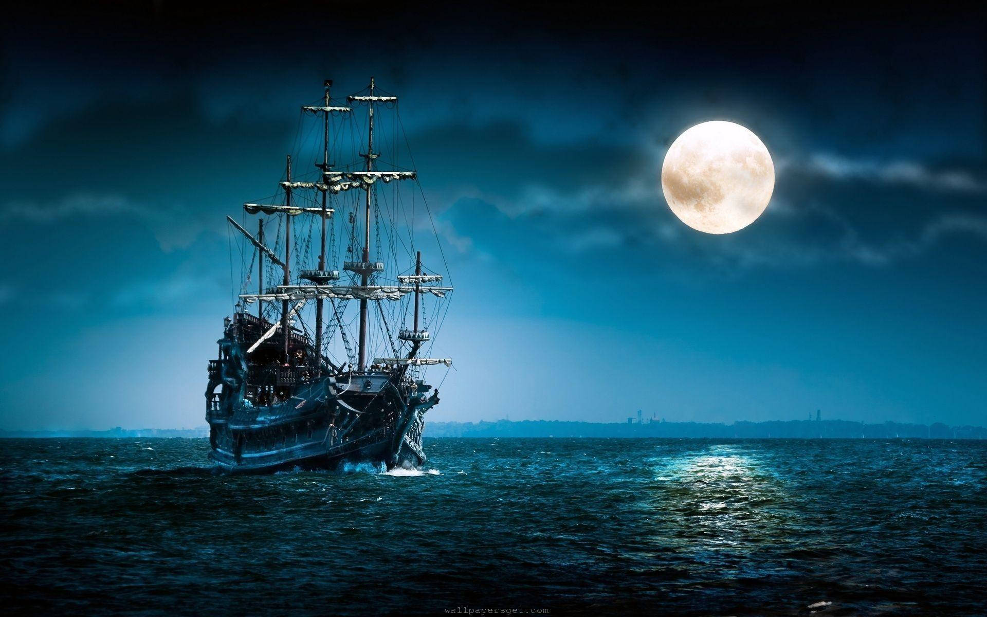 Moon, ghostly pirate ship, full moon, Full HD Desktop Wallpaper
