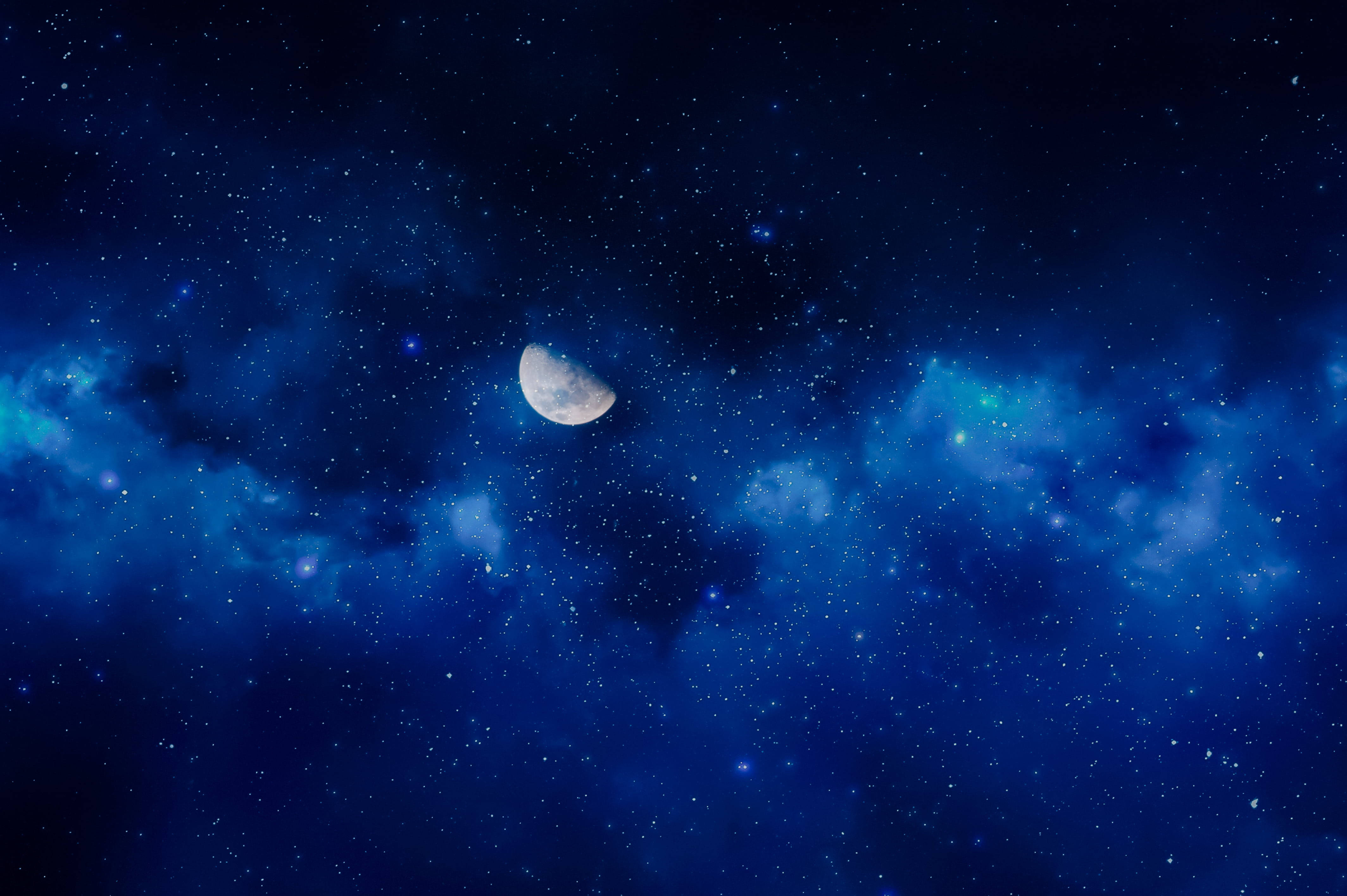 crescent moon, swirling blue nebulae, twinkling stars, 4K Desktop Wallpaper