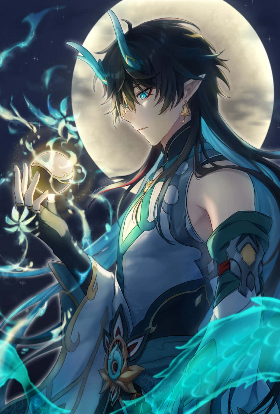 mystical moonlight sorcerer, blue horns, glowing eyes, HD Phone Wallpaper