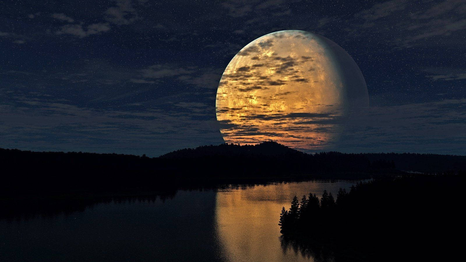 huge beautiful moon, river, golden light, HD Desktop Wallpaper