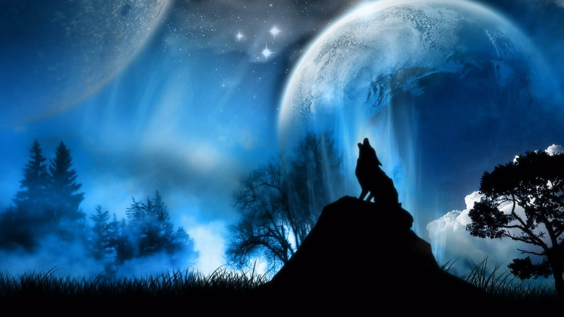 Full Moon, wolf, rocky peak, Full HD Desktop Wallpaper