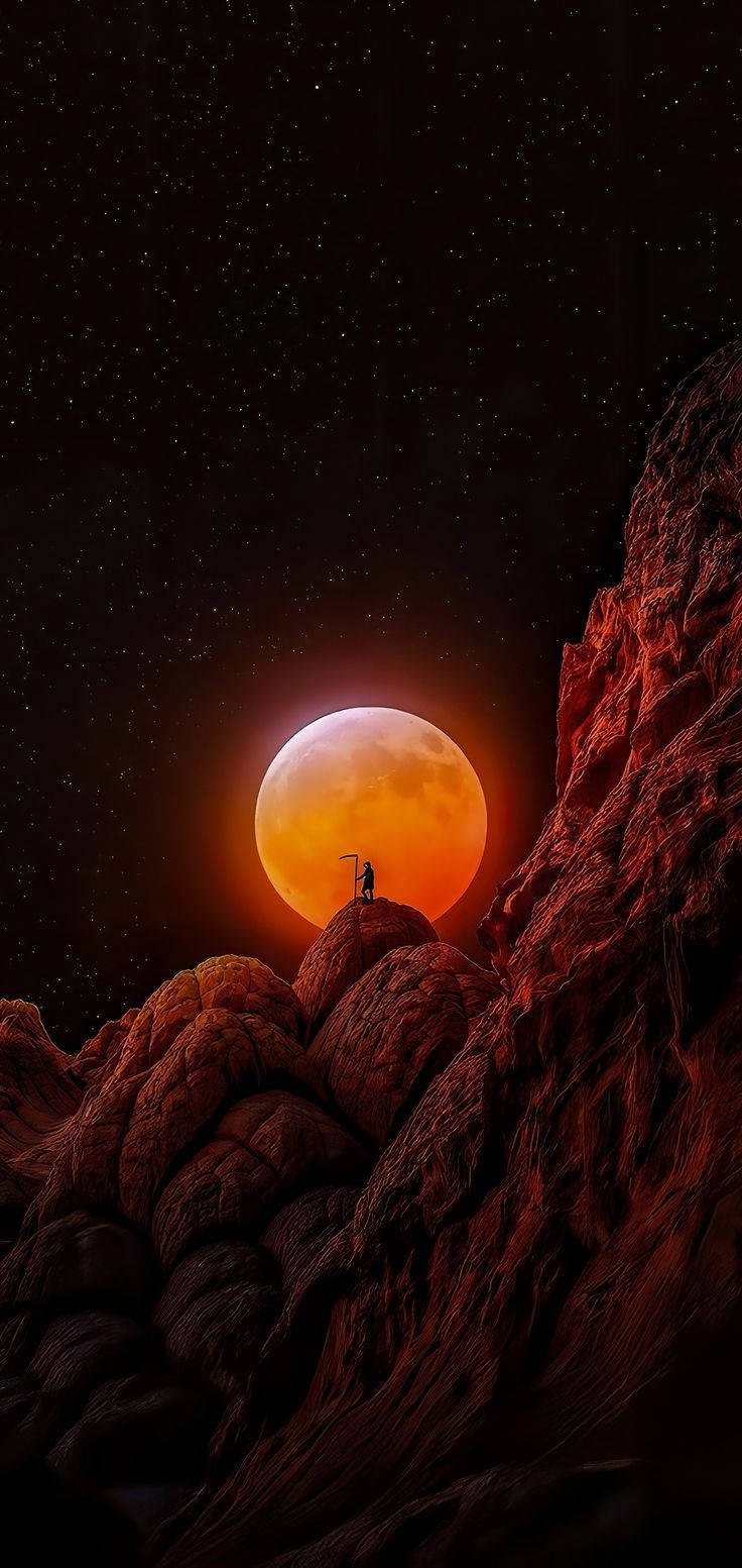 iPhone, moonlit night, glowing orange moon, HD Phone Wallpaper