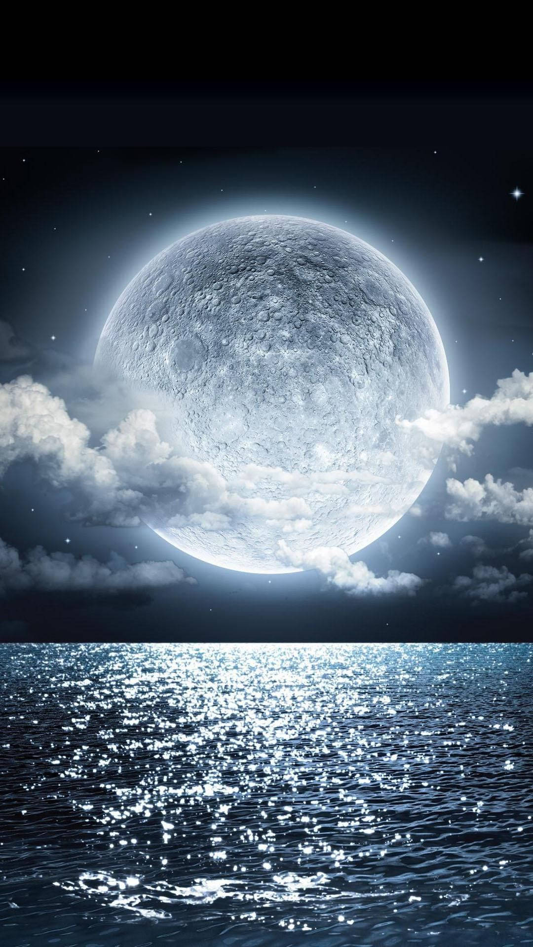 moon, dark ocean, sparkling reflections, Full HD Phone Wallpaper