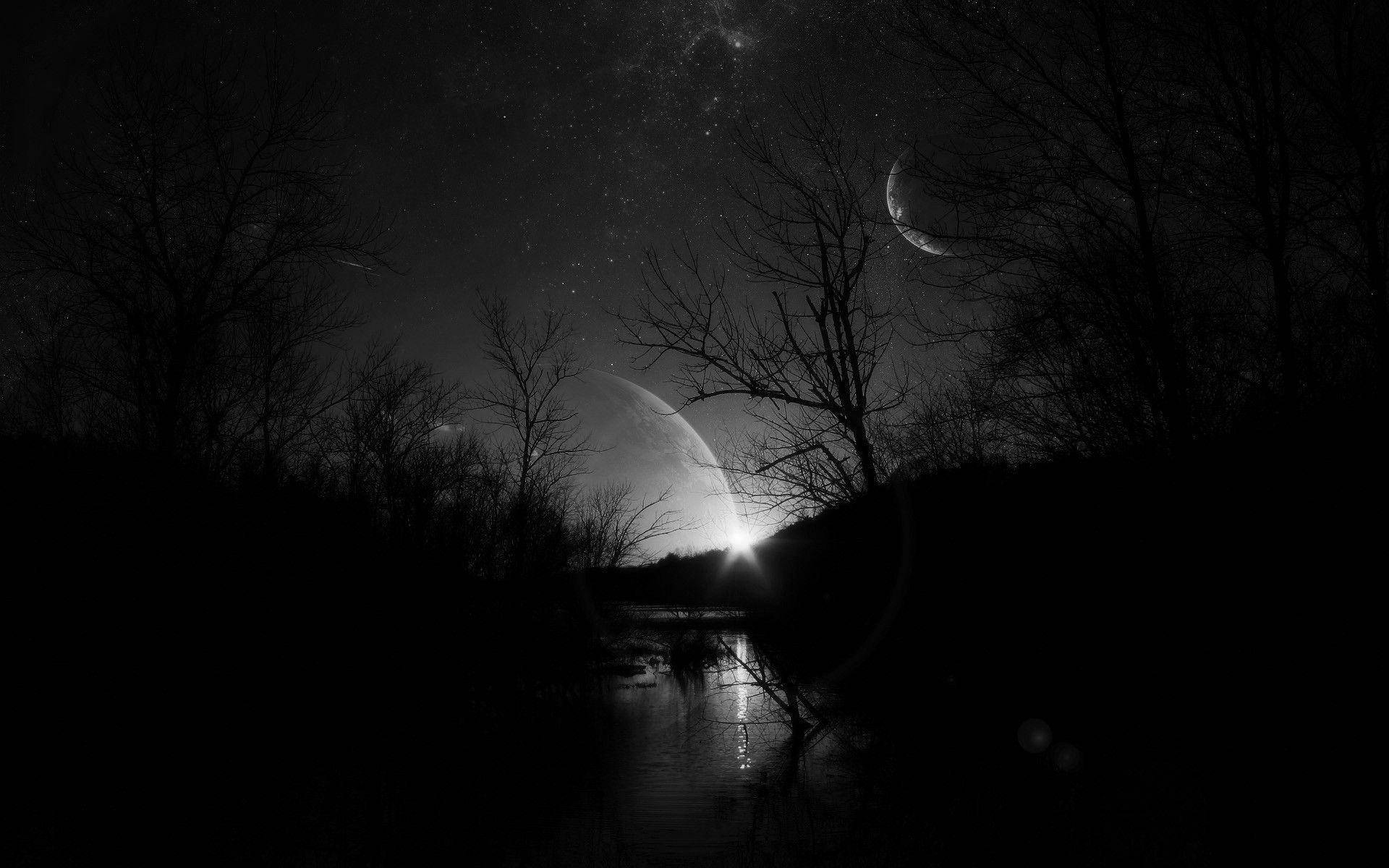 crescent moon, glowing planet, reflective river, Full HD Desktop Wallpaper