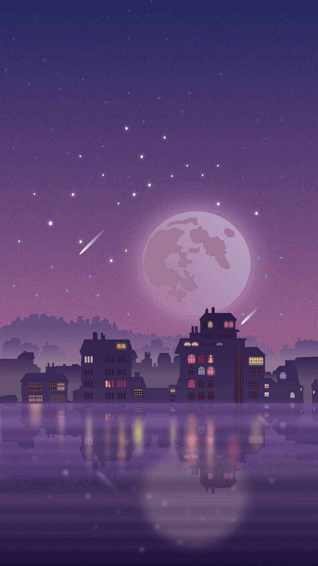 Pastel Phone Moonlit City, giant moon, shooting stars, Full HD Phone Wallpaper
