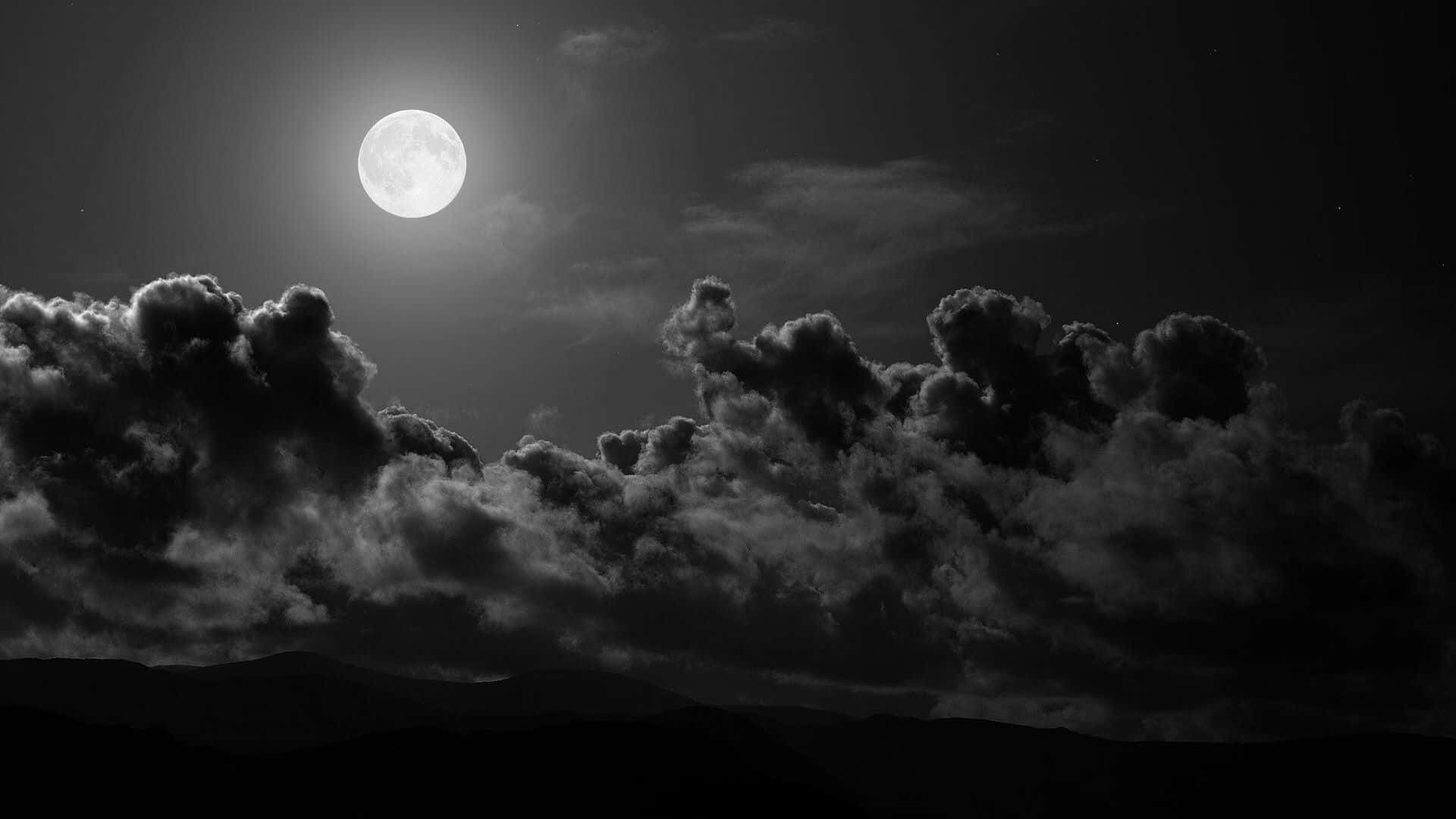 Full Moon, dramatic clouds, silhouetted mountains, Full HD Desktop Wallpaper