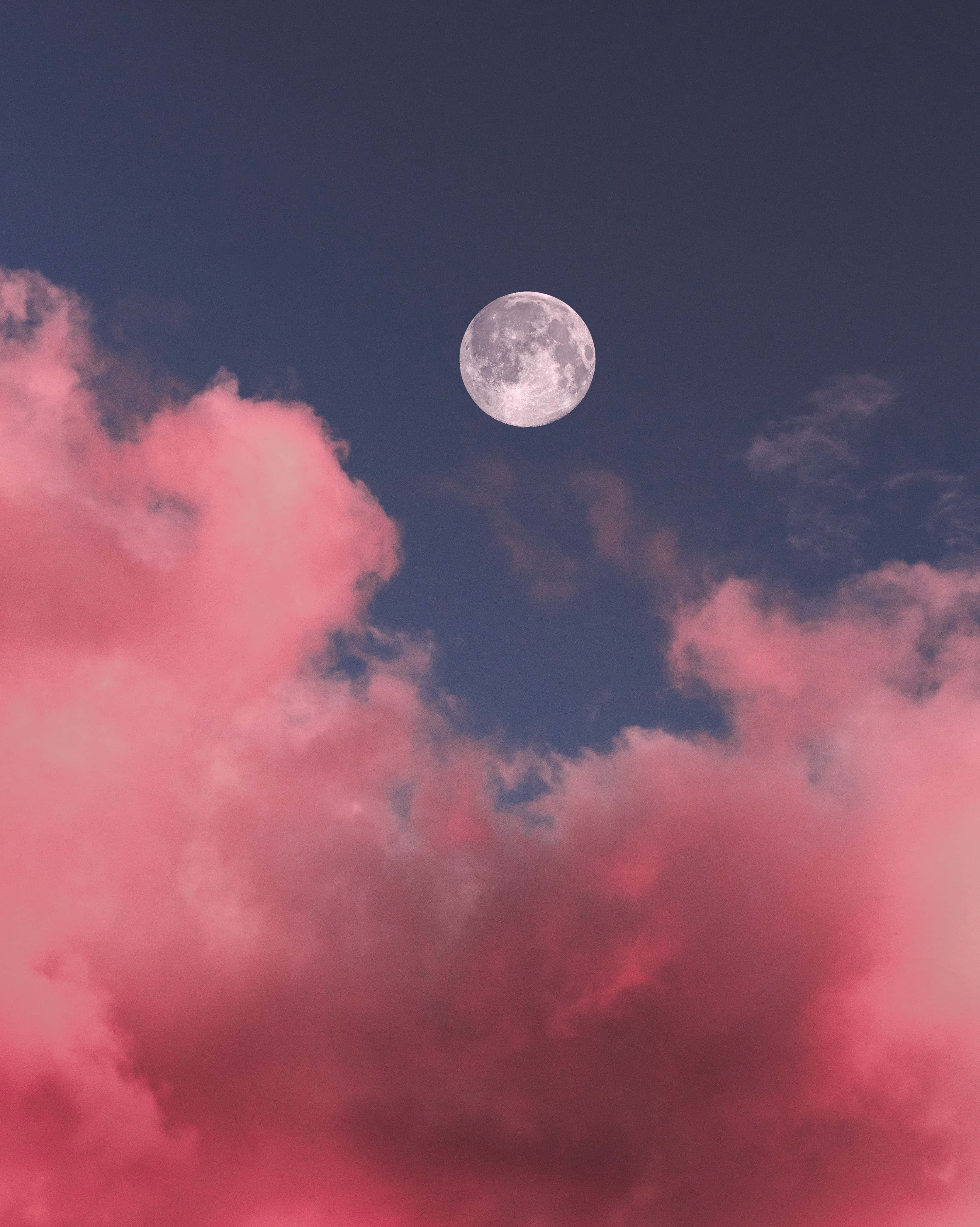 full moon, pink clouds, blue twilight sky, 4K Phone Wallpaper