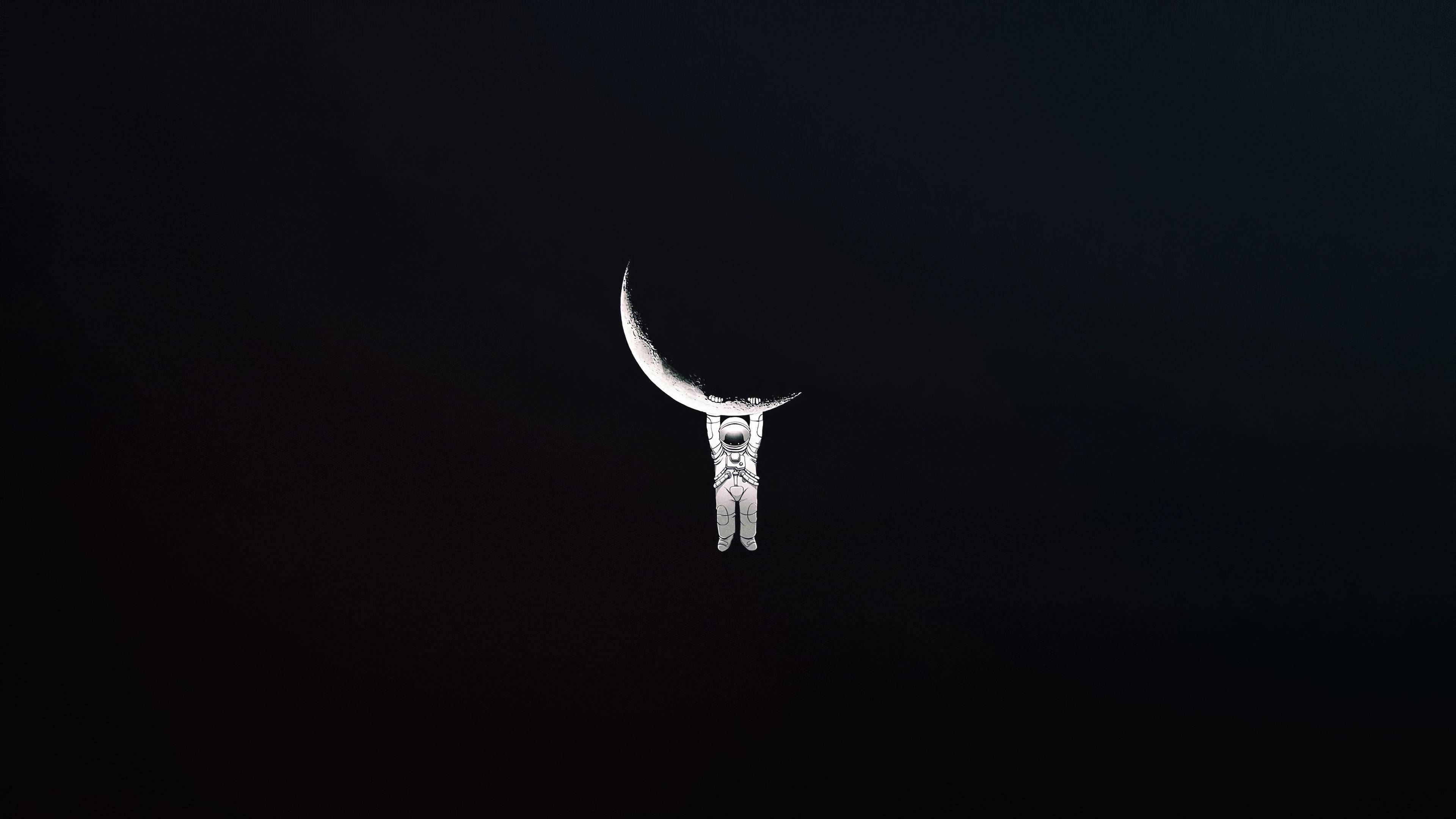 astronaut, white suit, crescent moon, 4K Desktop Wallpaper