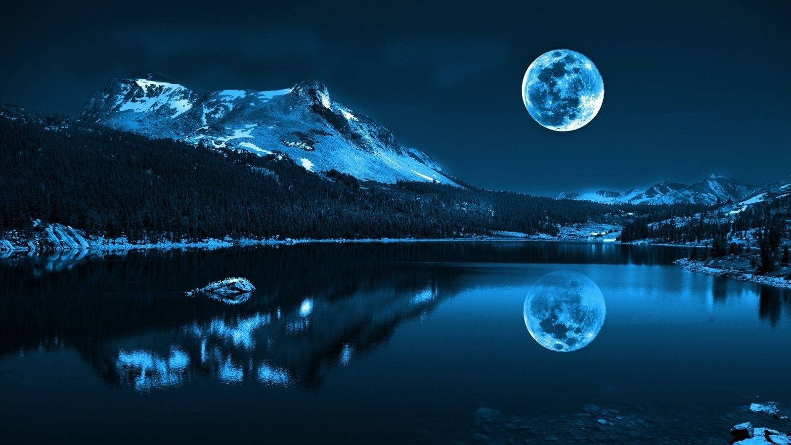 blue moon, snow-capped mountains, winter lake, HD Desktop Wallpaper