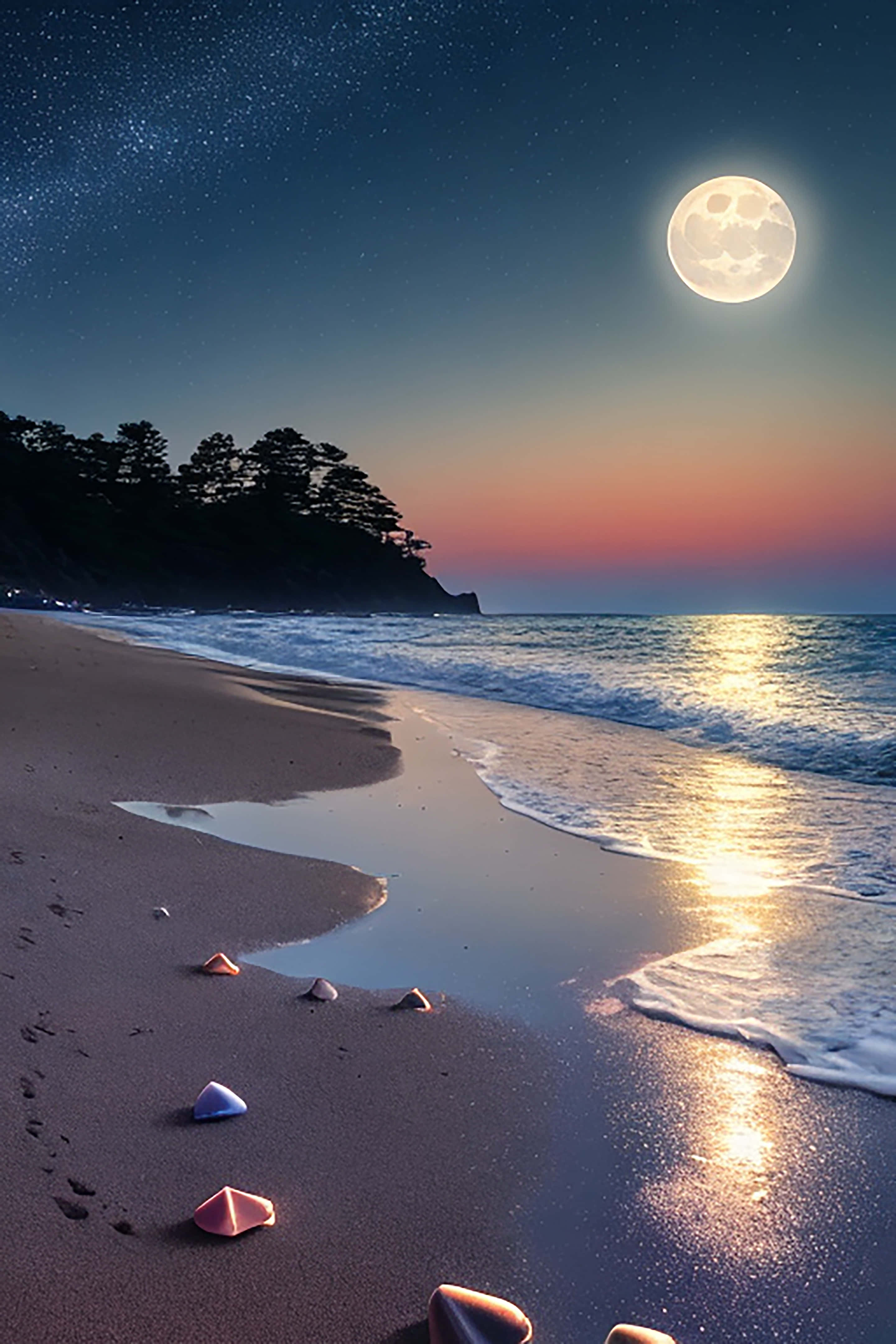 beach stones, moonlight, full moon, 4K Phone Wallpaper