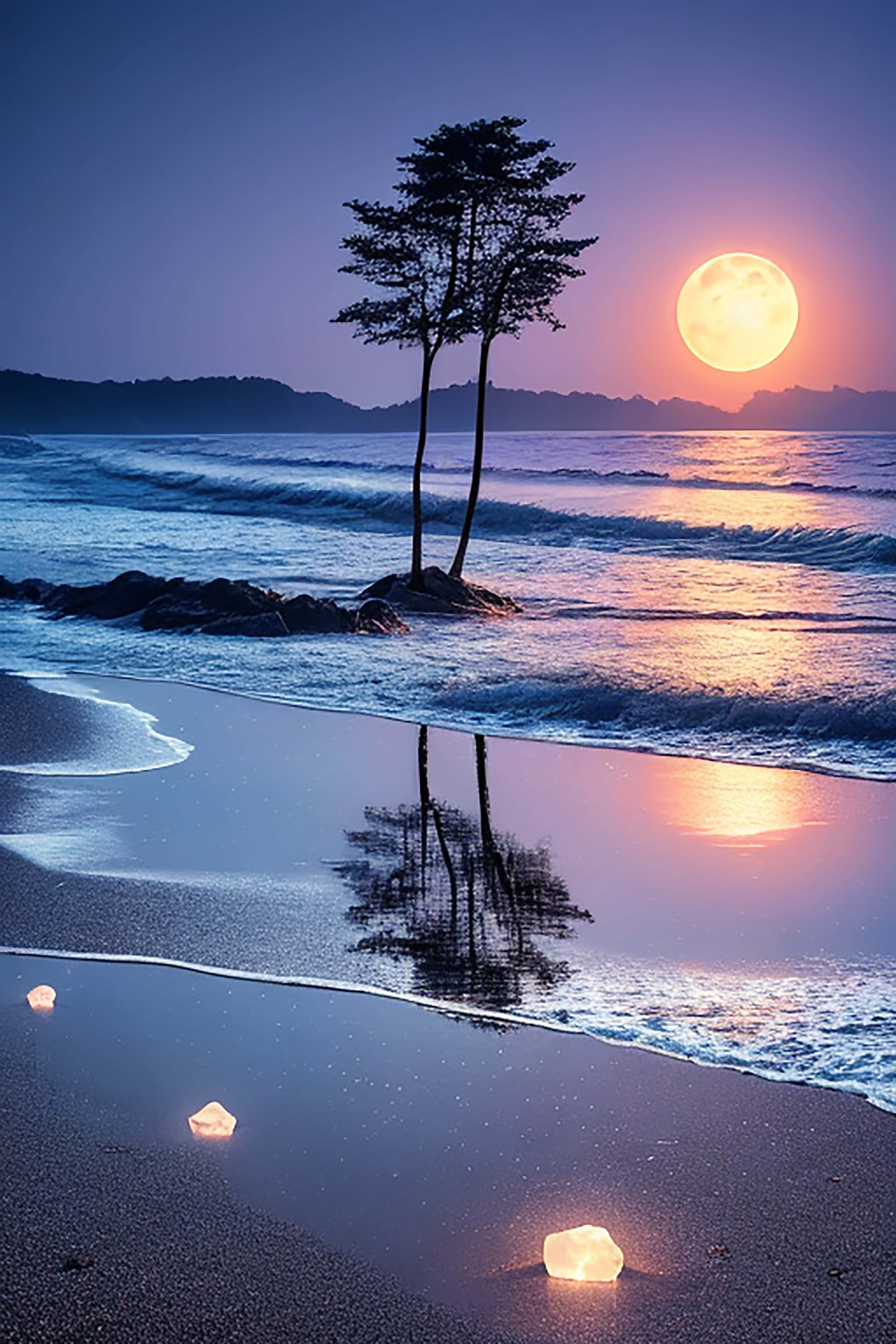 full moon, wet sand, glowing lanterns, 4K Phone Wallpaper
